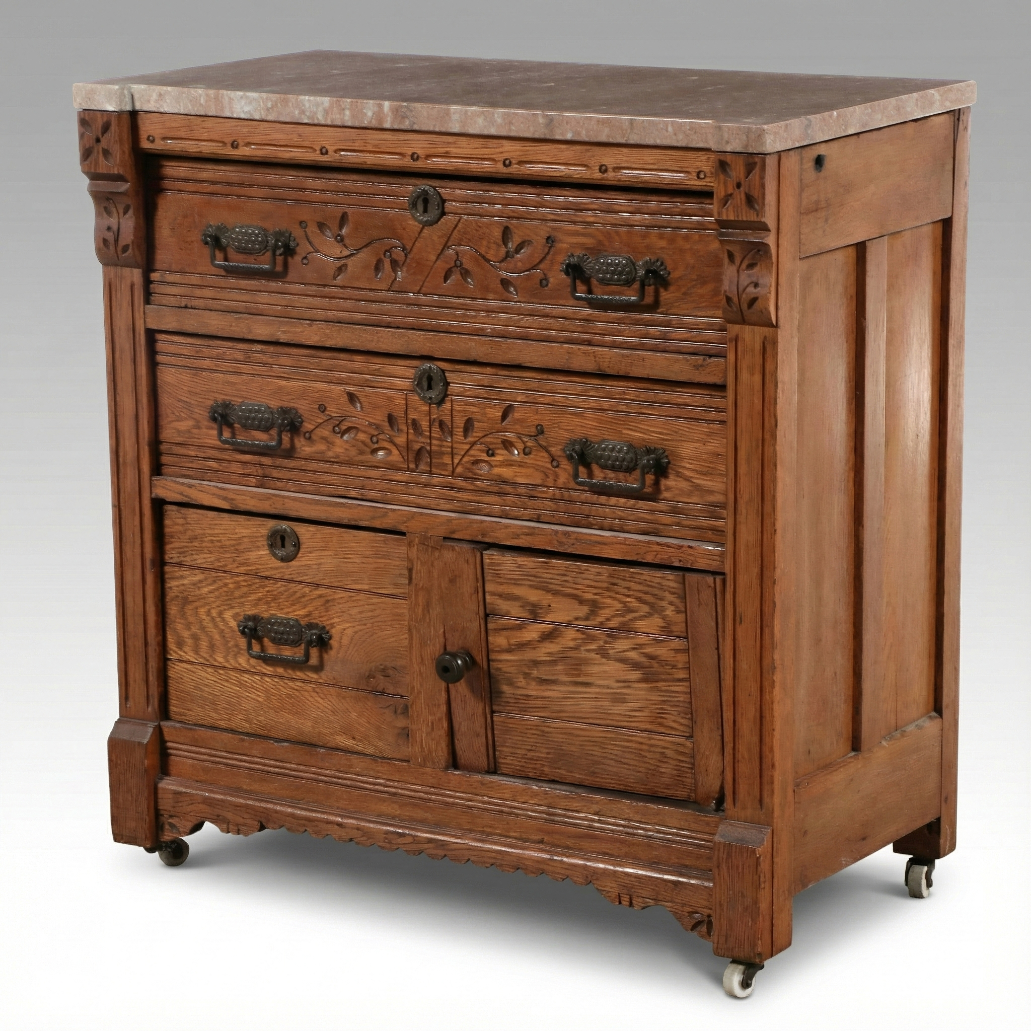 Eastlake Style Marble Top Oak Washstand, Late 19th Century