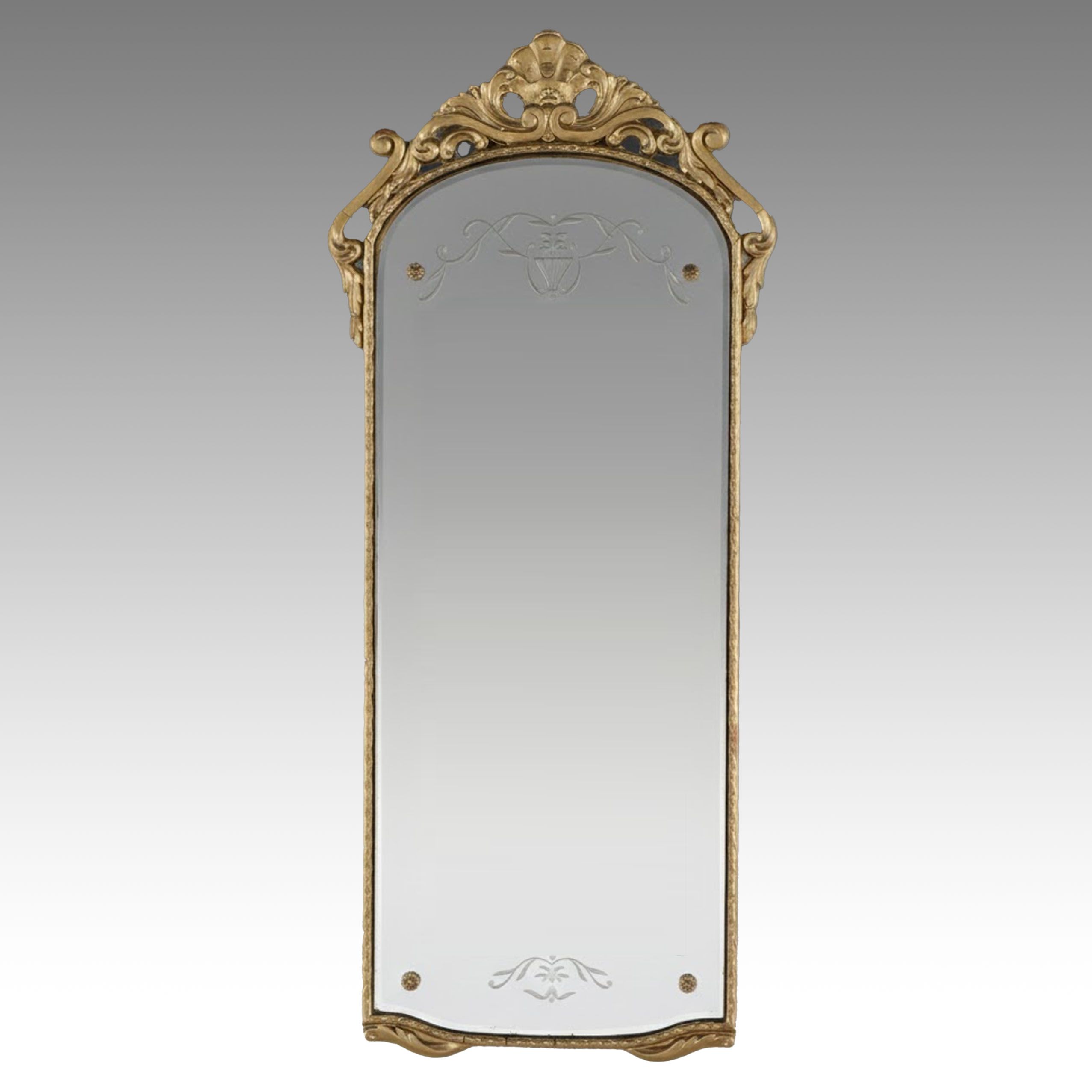 Venetian Style Arched Giltwood and Etched Glass Pier Mirror