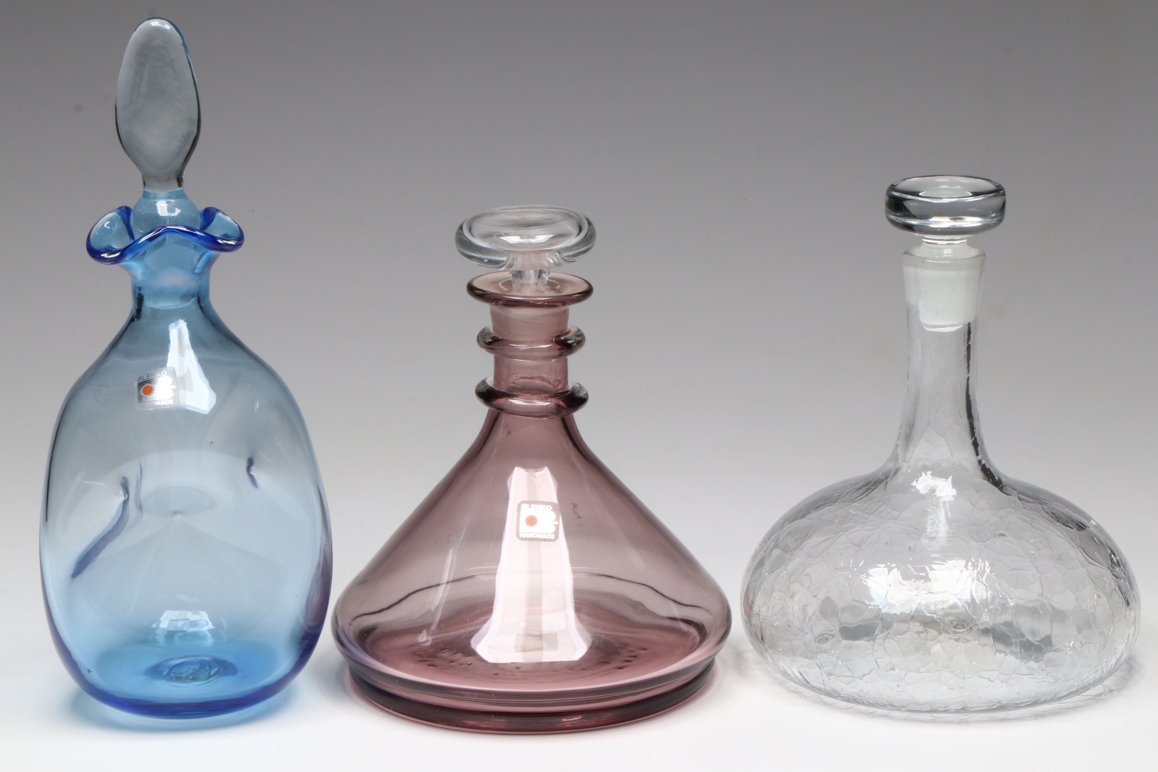 Blenko Blown Glass and Crackle Glass Decanters