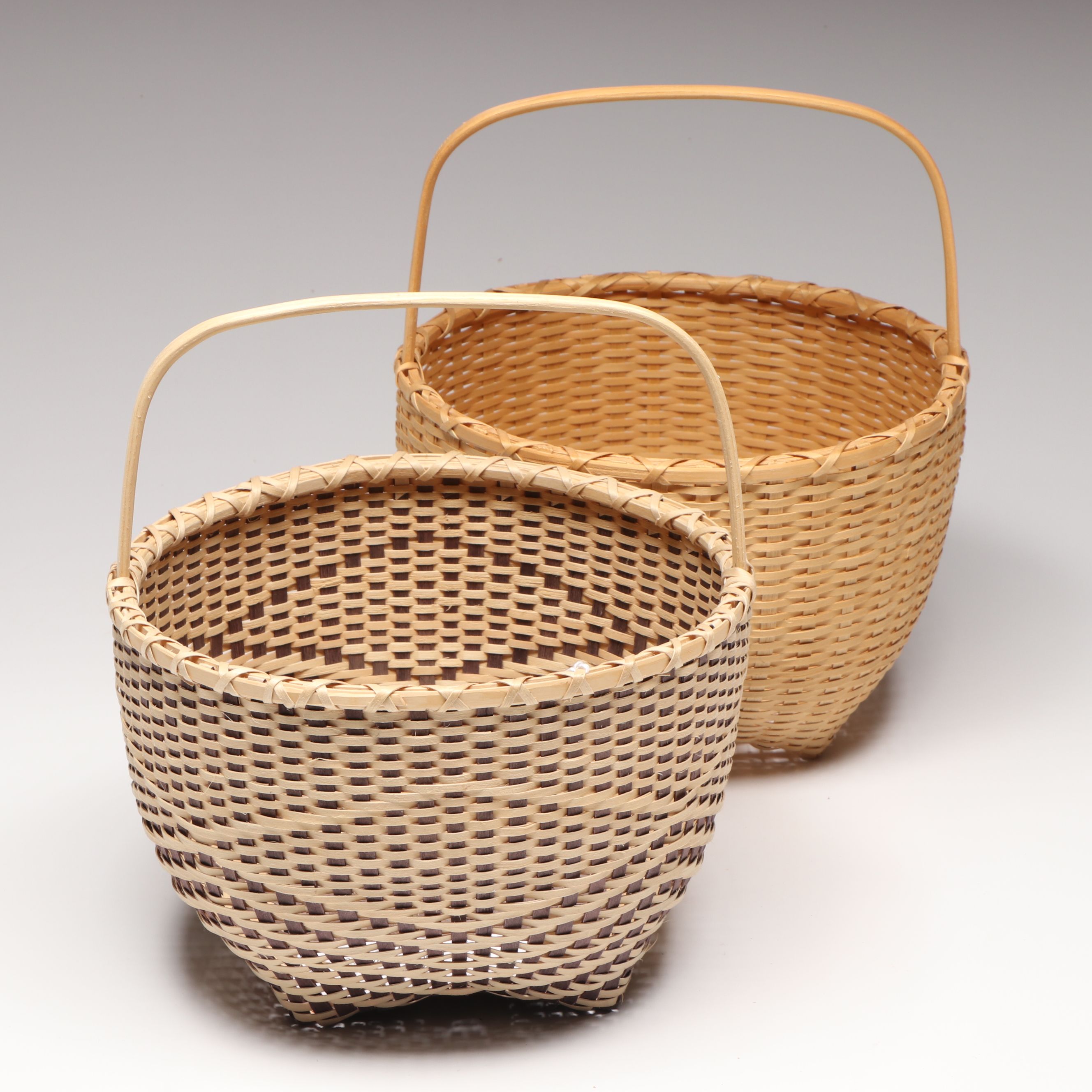 Fred Tomah Wolastoqiyik (Maliseet) Woven Brown Ash Handled Baskets