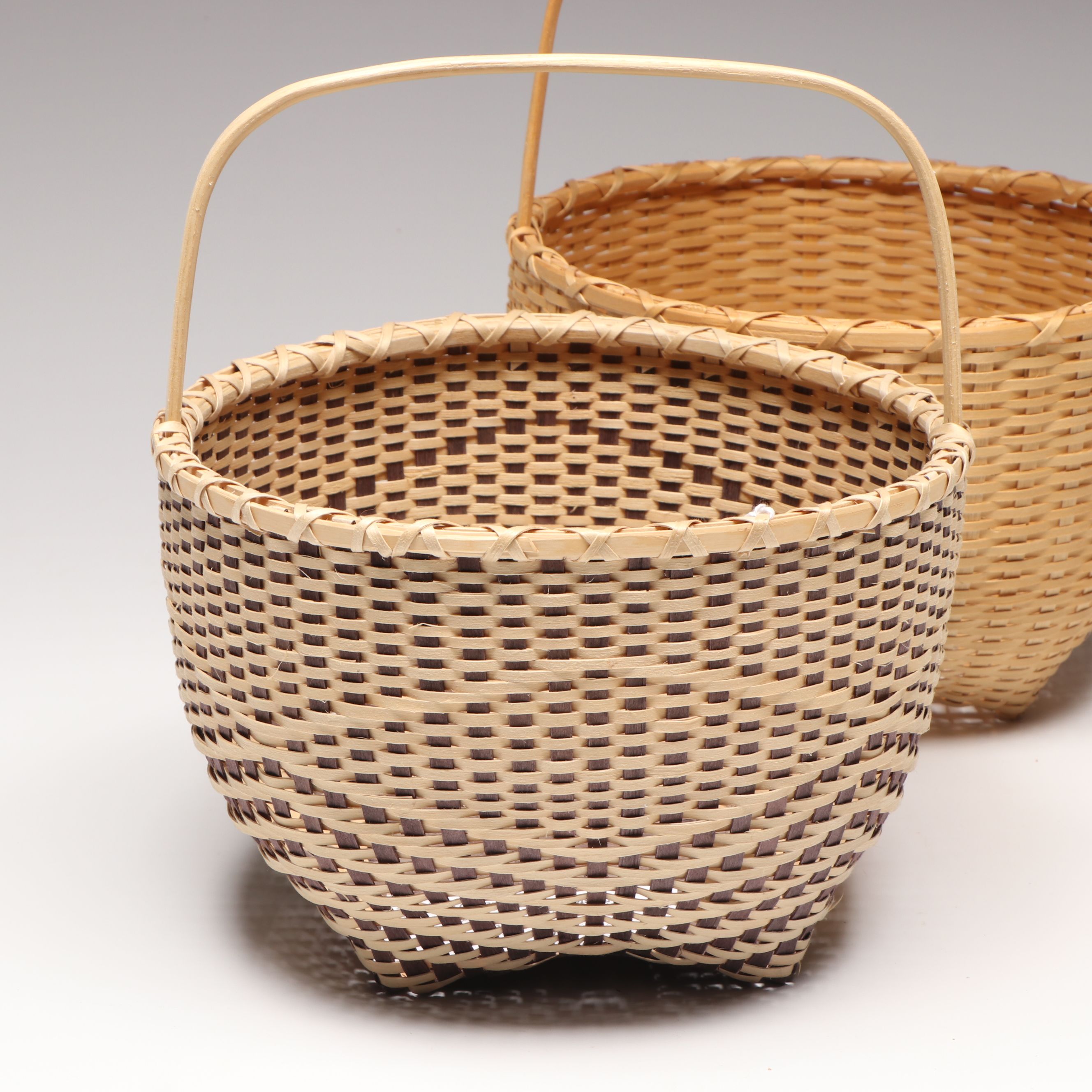 Fred Tomah Wolastoqiyik (Maliseet) Woven Brown Ash Handled Baskets