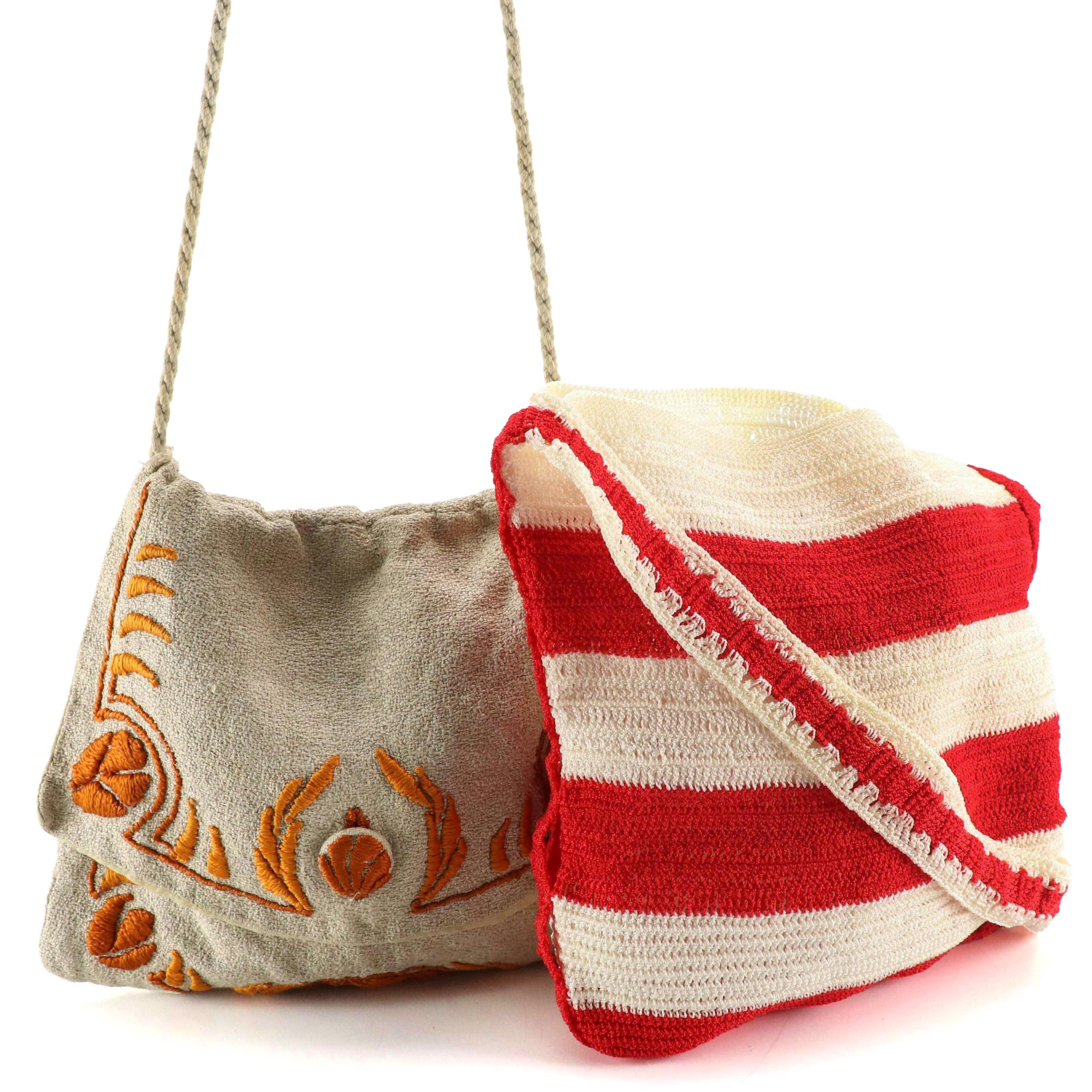 Vintage Handmade Crochet Striped Bag and Embroidered Flap Bag