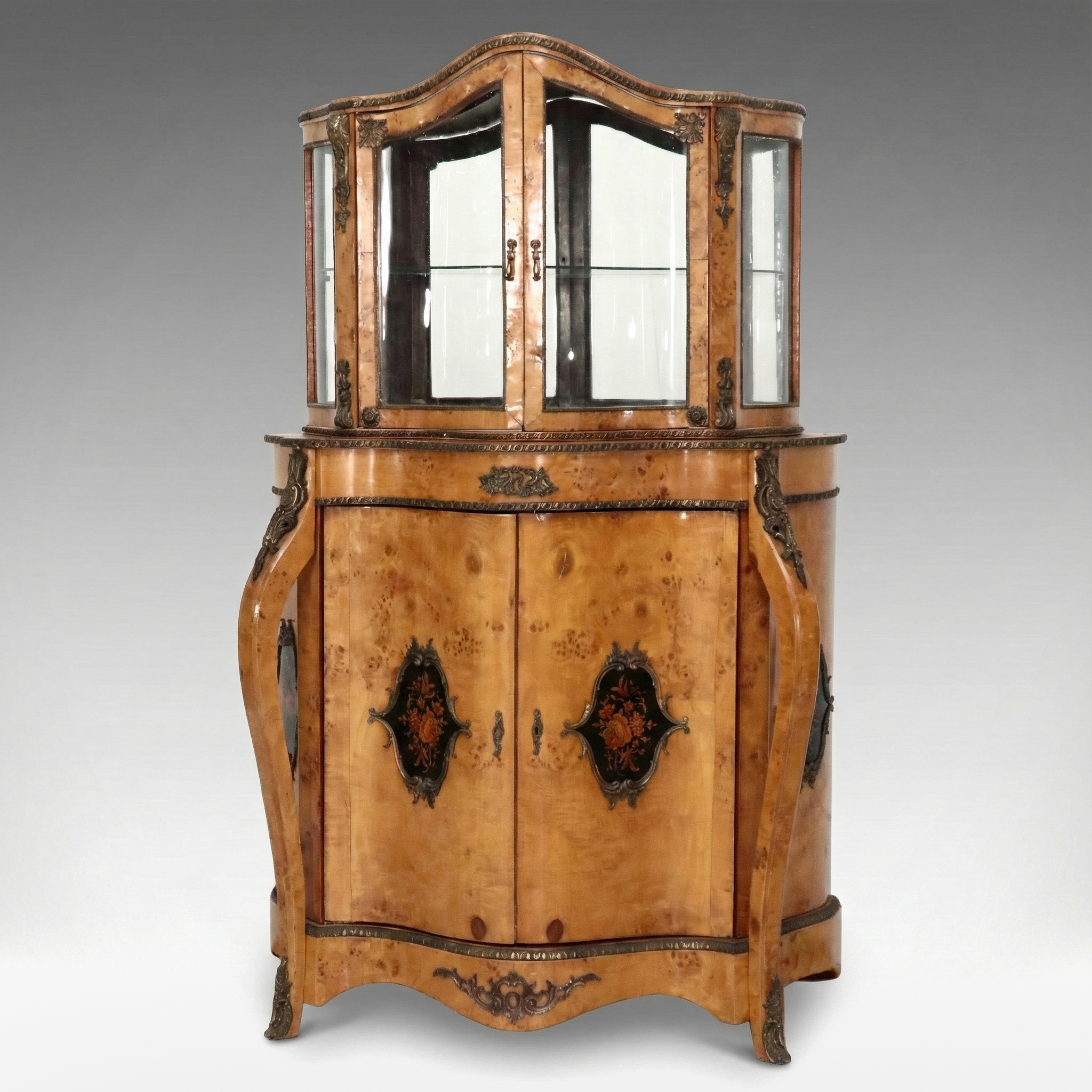 Italian Baroque Style Marquetry Inlaid and Ormolu Bird's-Eye Maple Vitrine