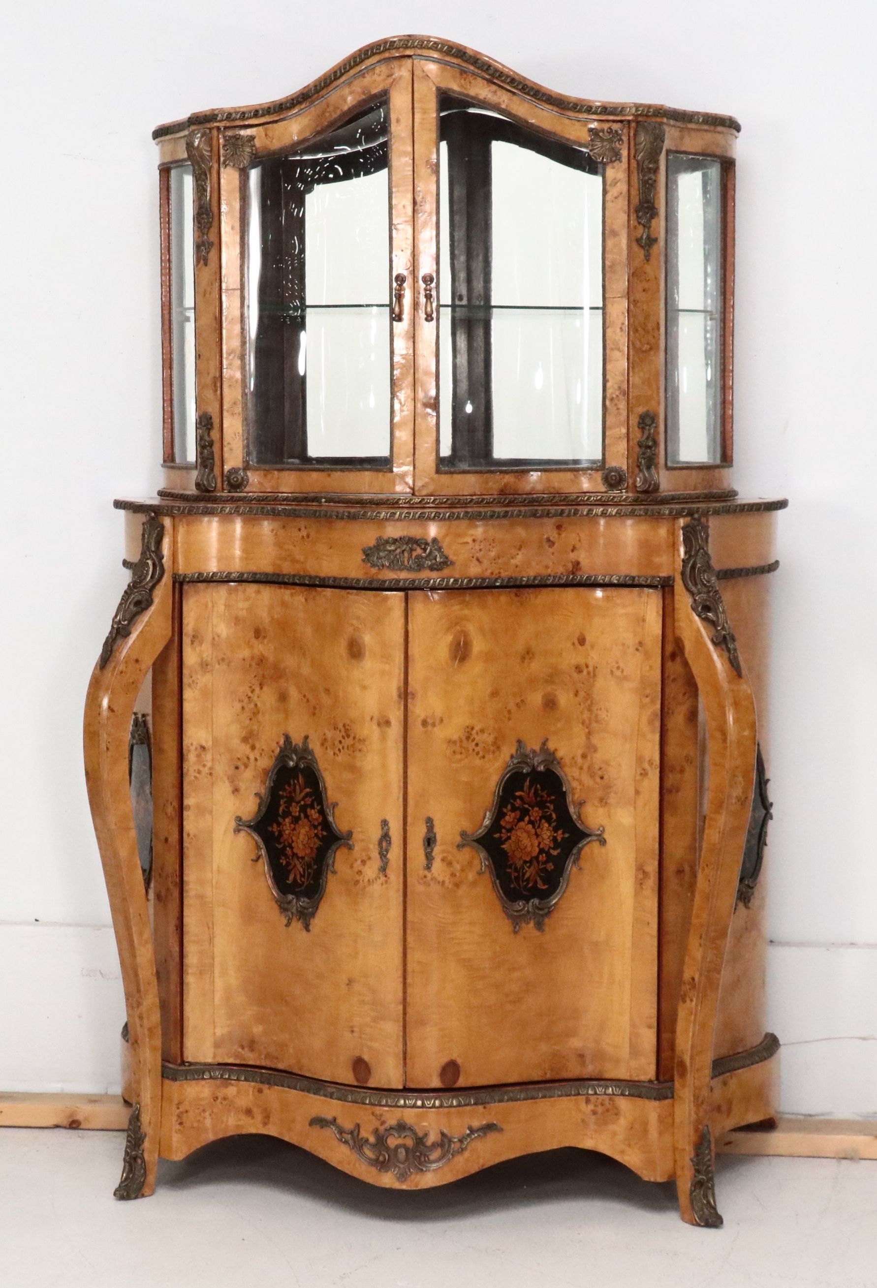 Italian Baroque Style Marquetry Inlaid and Ormolu Bird's-Eye Maple Vitrine