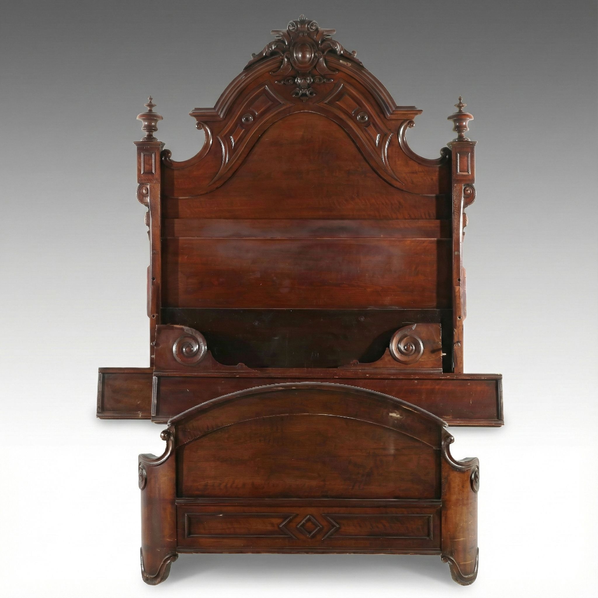 Victorian Eastlake Walnut and Burl Wood Queen Size Bed Frame