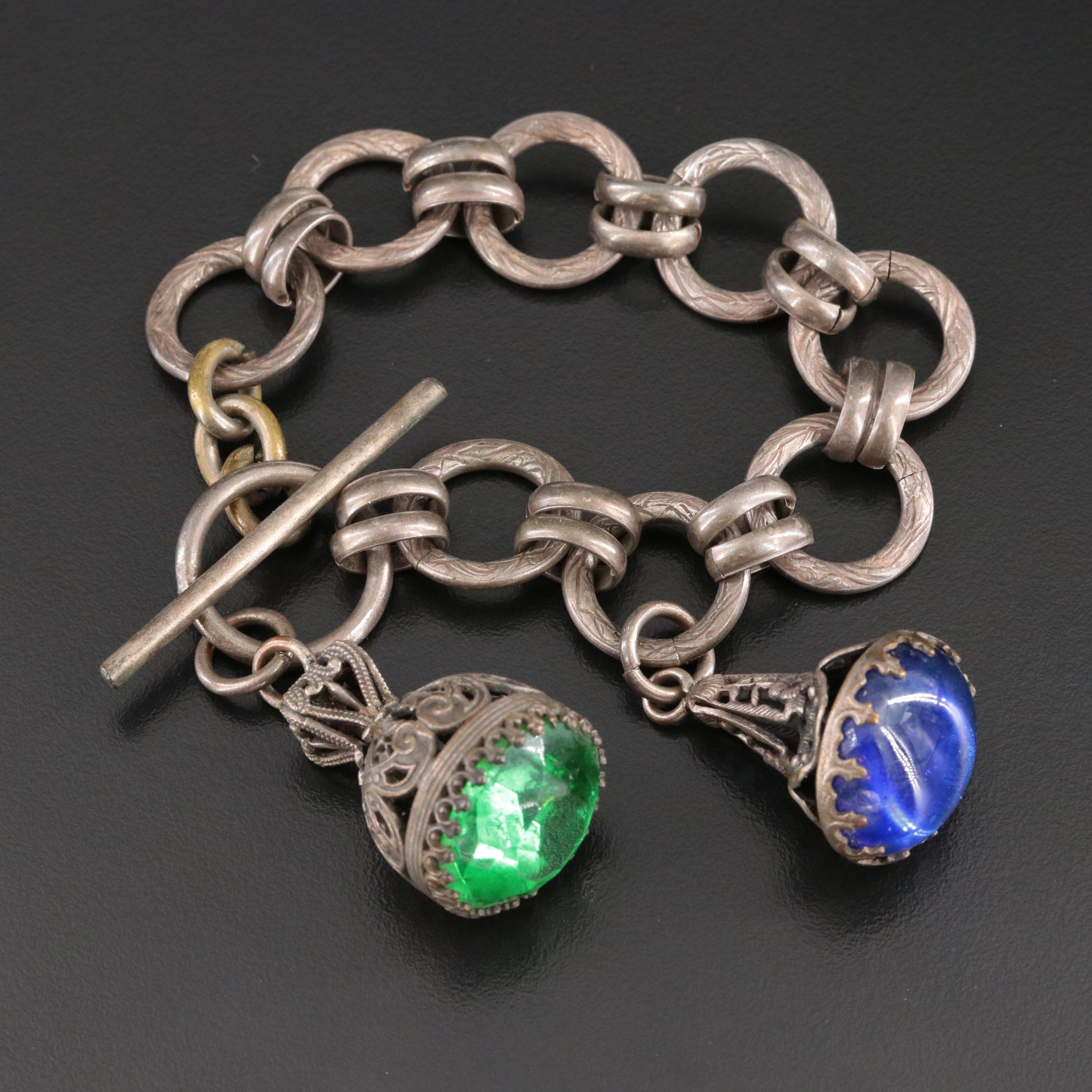 Vintage Etruscan Revival Glass Fob Charm Bracelet