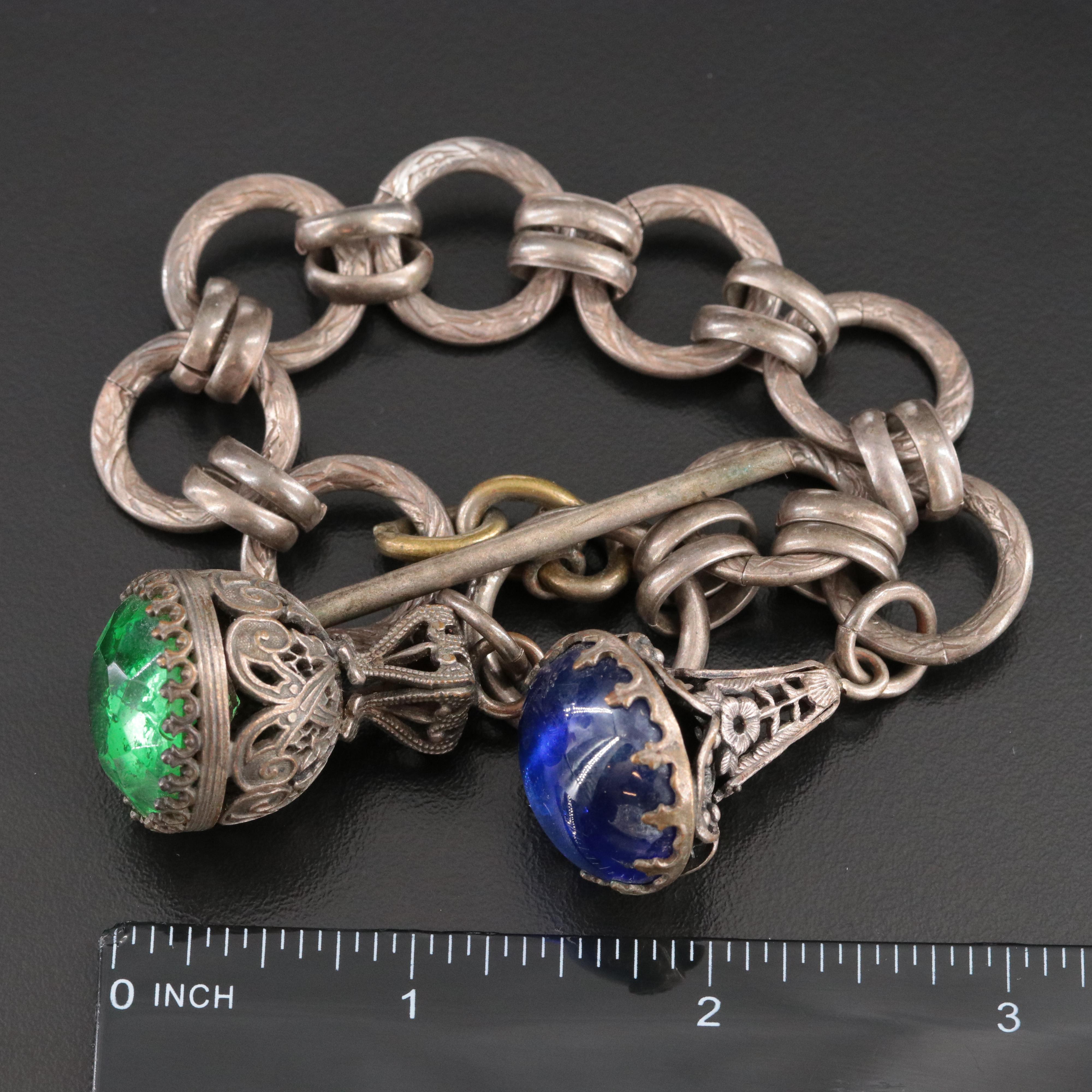 Vintage Etruscan Revival Glass Fob Charm Bracelet
