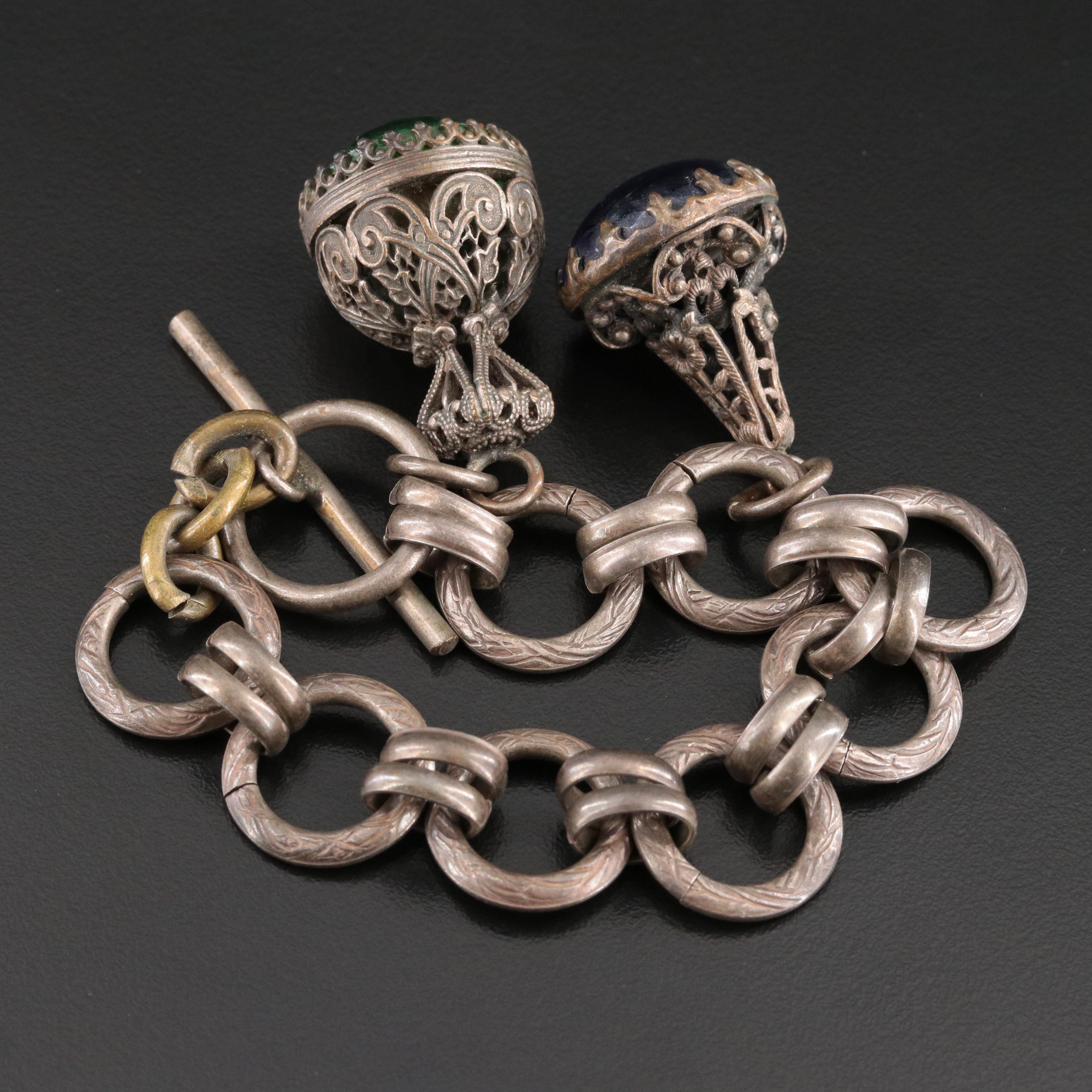 Vintage Etruscan Revival Glass Fob Charm Bracelet