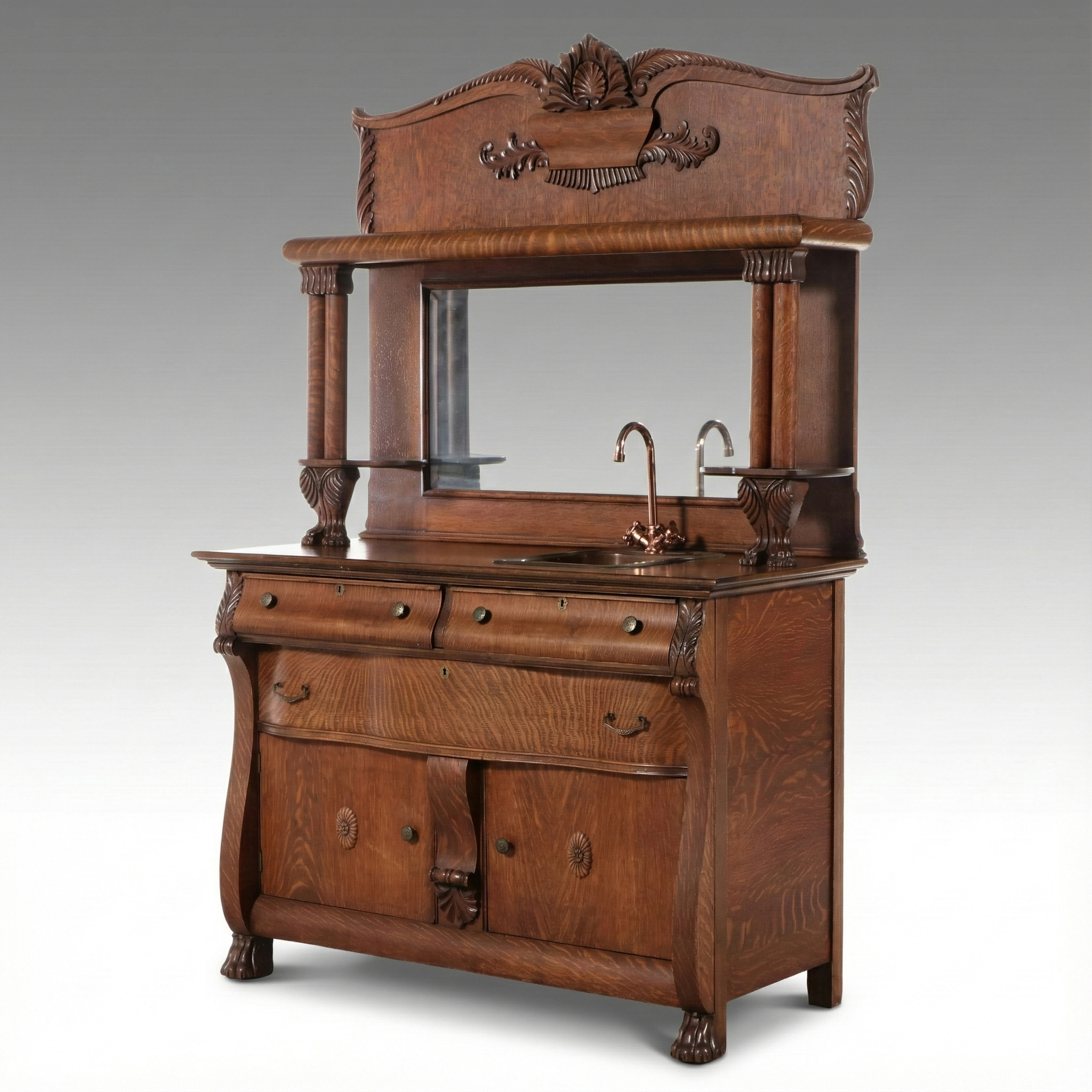 Renaissance Revival Style Oak Mirror Back Buffet Converted to Bar