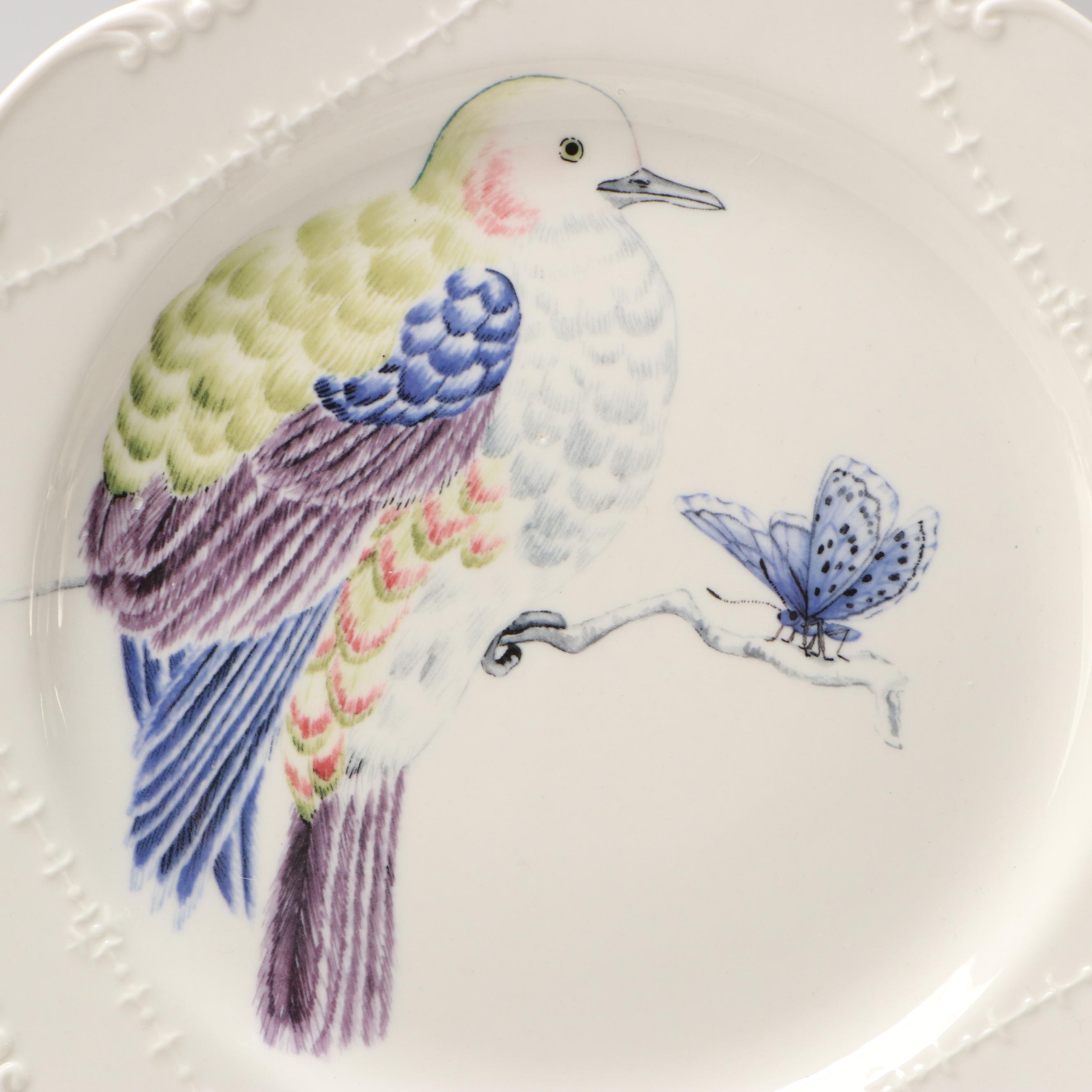 Contemporary Porcelain Scalloped Edge Bird Pattern Plates