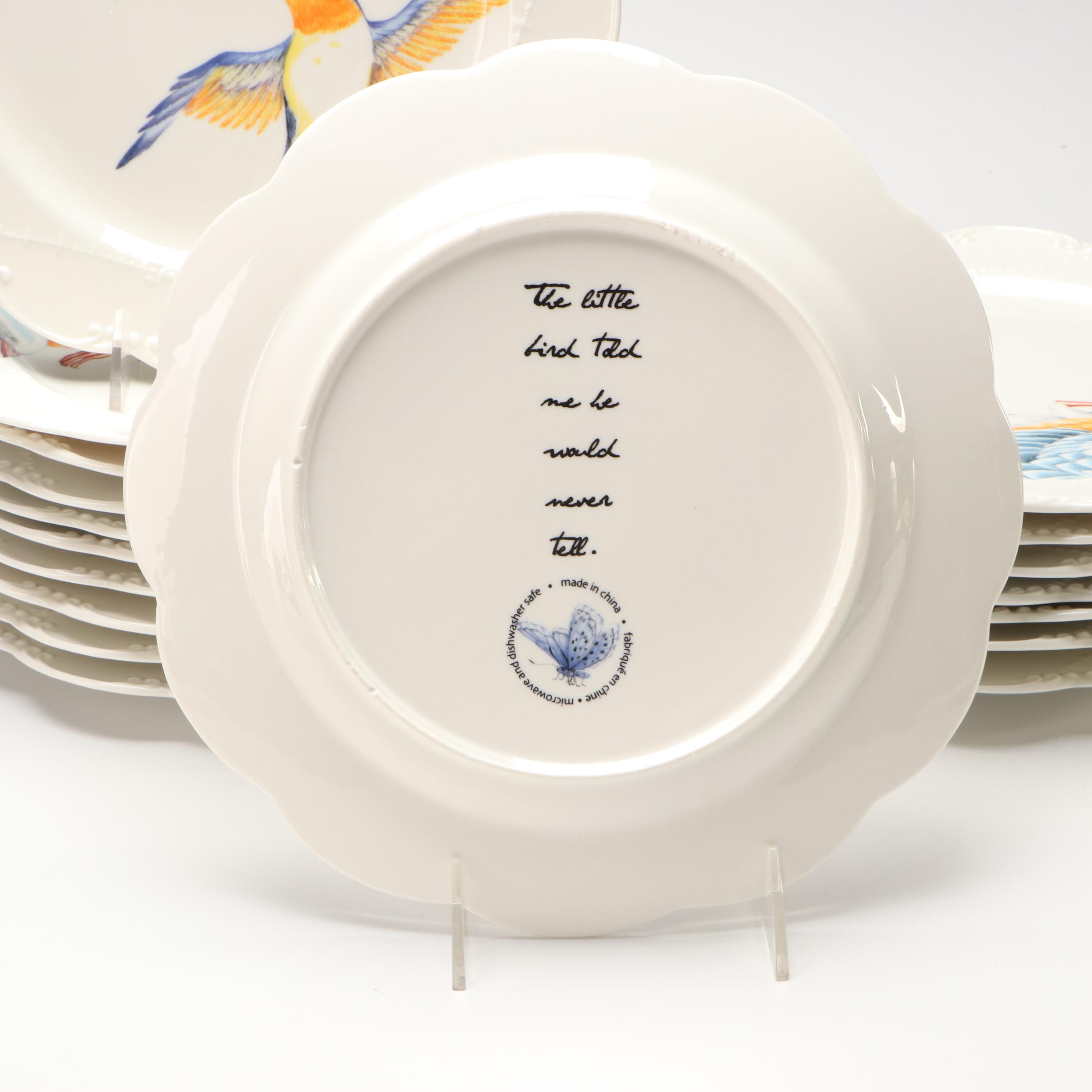 Contemporary Porcelain Scalloped Edge Bird Pattern Plates