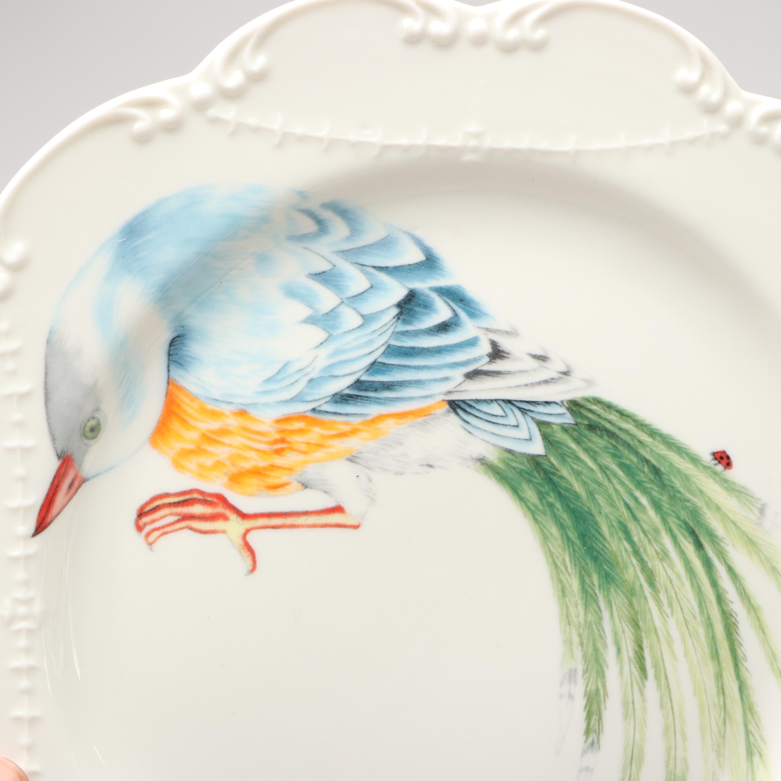 Contemporary Porcelain Scalloped Edge Bird Pattern Plates