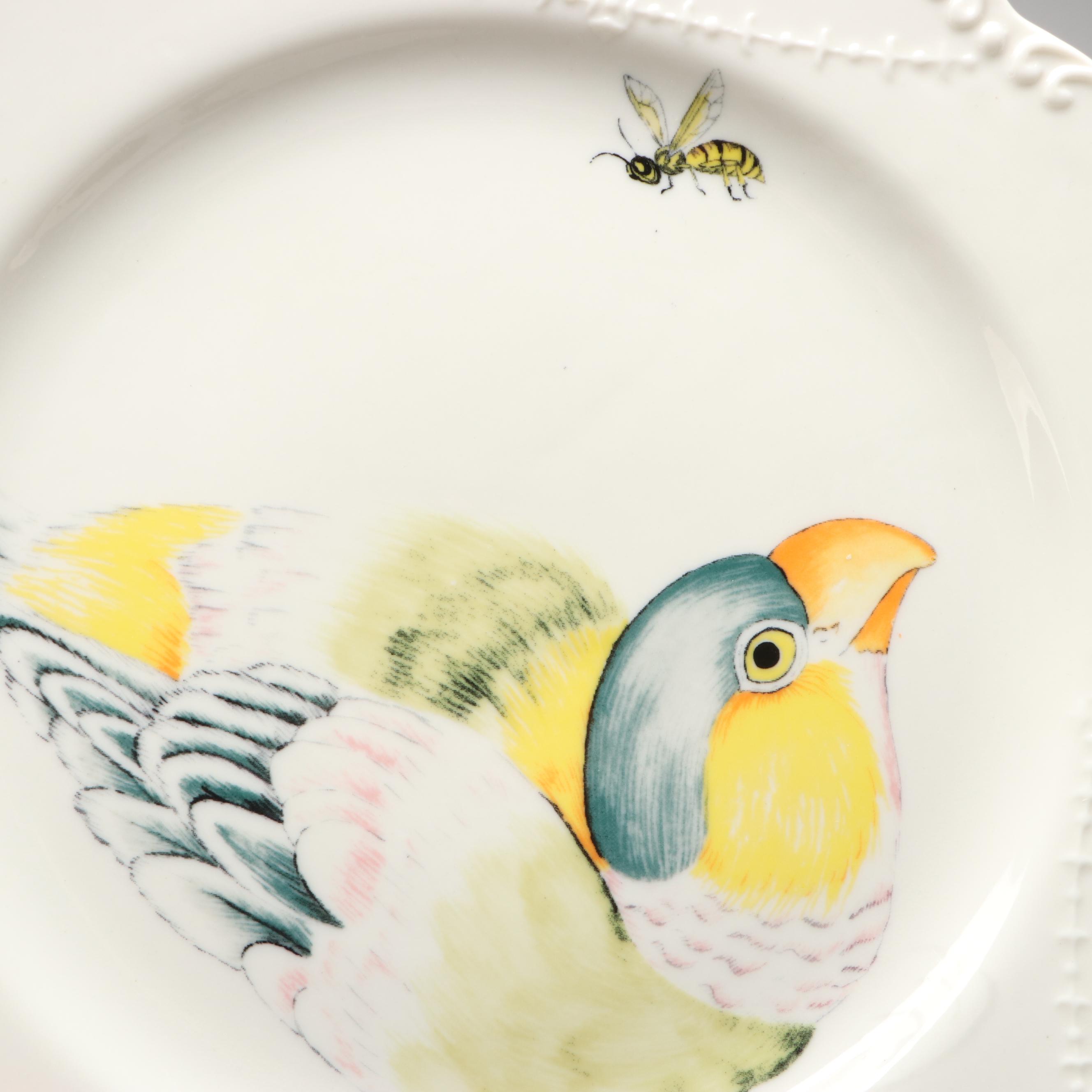 Contemporary Porcelain Scalloped Edge Bird Pattern Plates