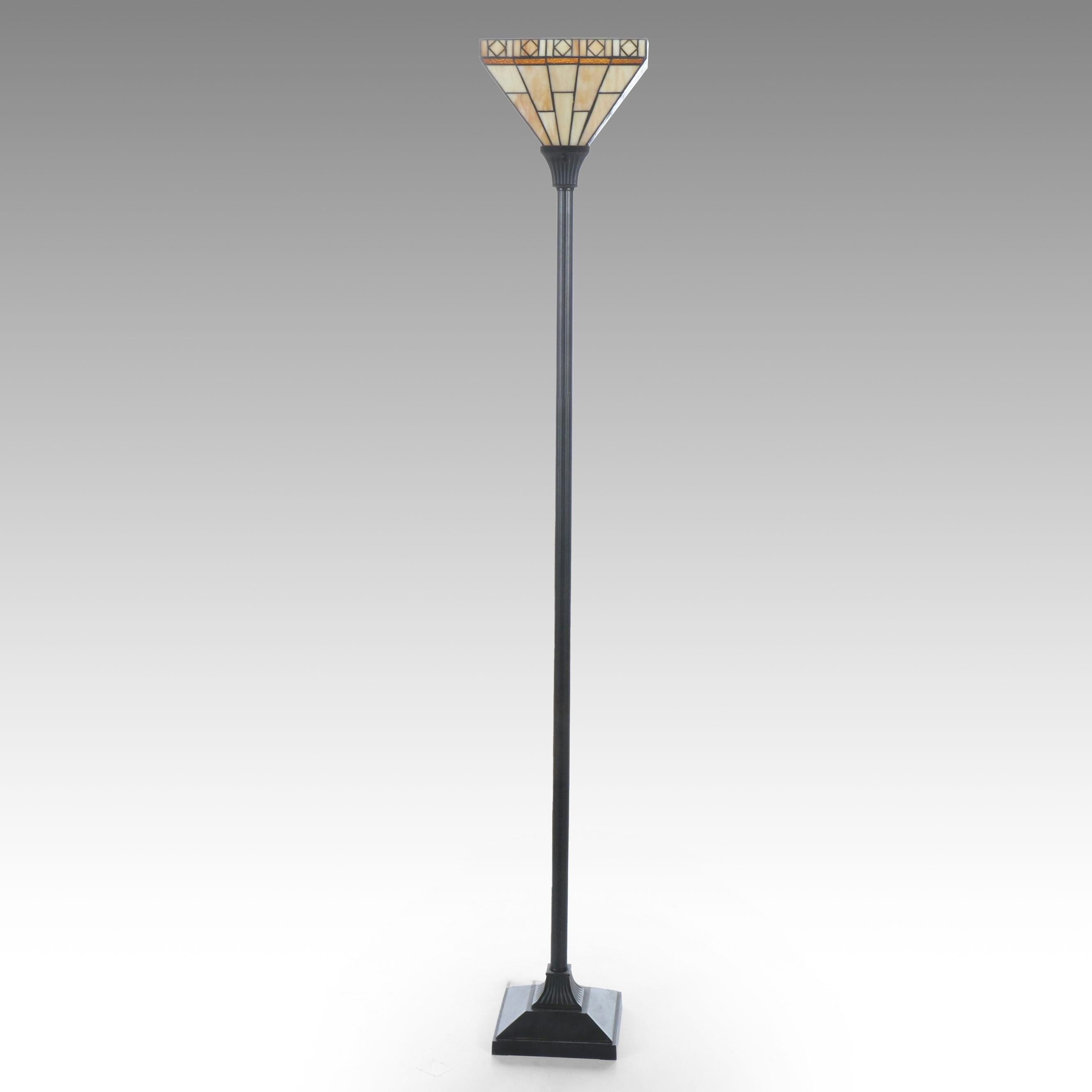 Mission Style Torchiere Floor Lamp with Slag Glass Pyramid Shade