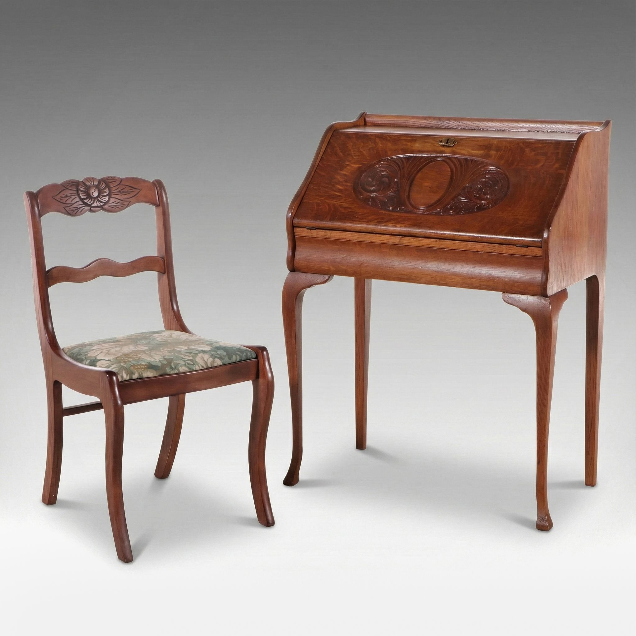 Late Victorian Oak Slant-Lid Desk with Tell City Chair, Late 19th/Early 20th C.