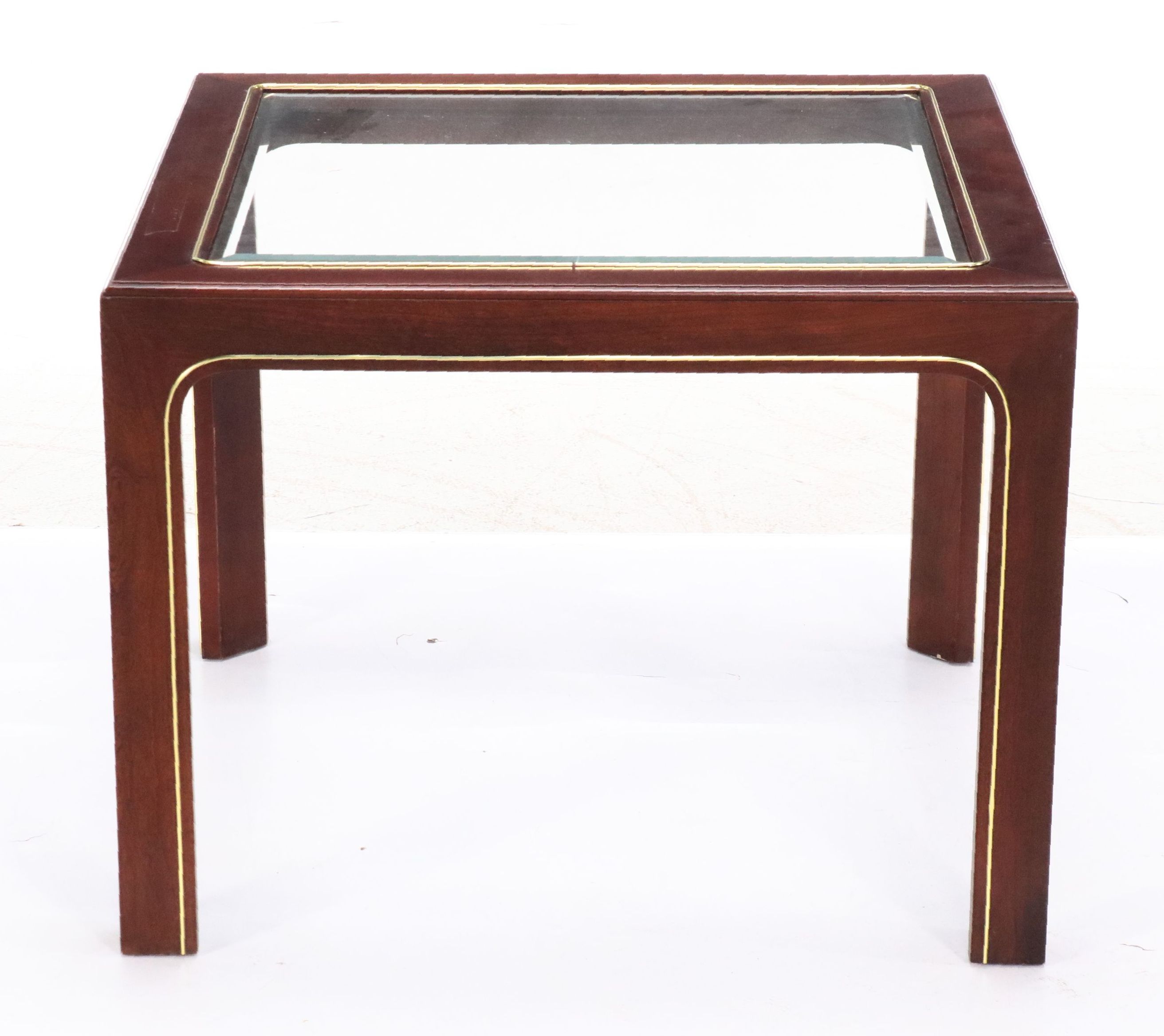 Brass-Inlaid Mahogany End Table with Glass Top