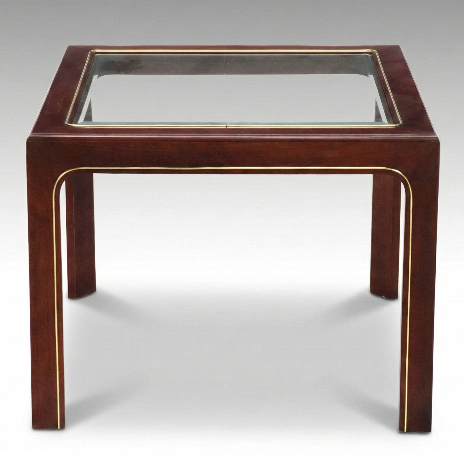 Brass-Inlaid Mahogany End Table with Glass Top