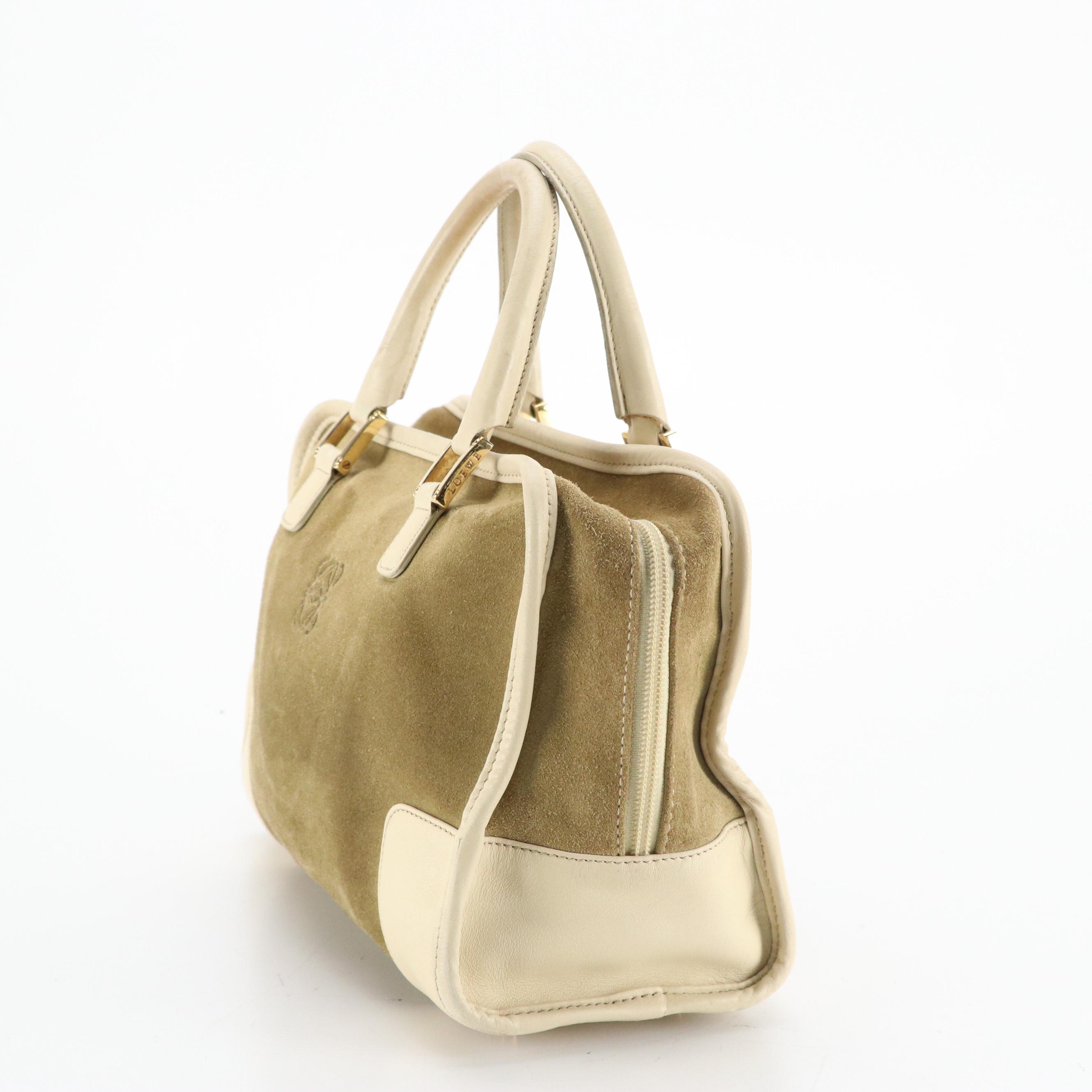 Loewe Amazona Handbag in Brown Suede and White Leather Trim