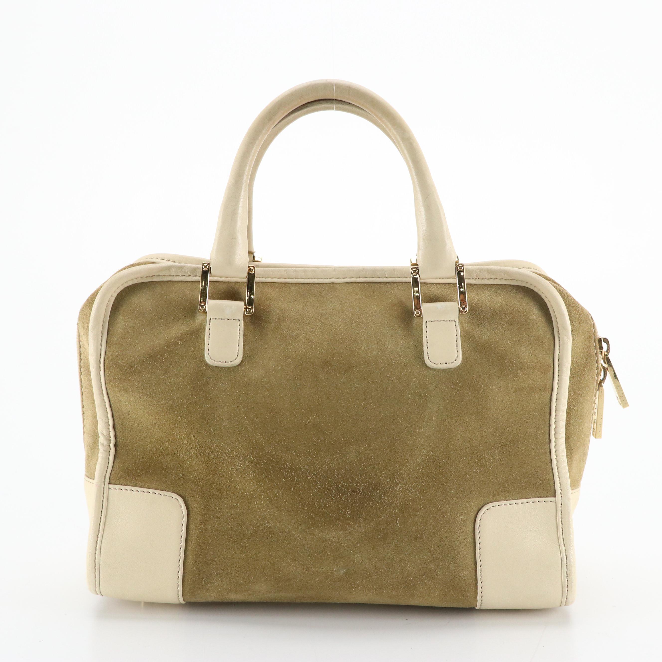 Loewe Amazona Handbag in Brown Suede and White Leather Trim