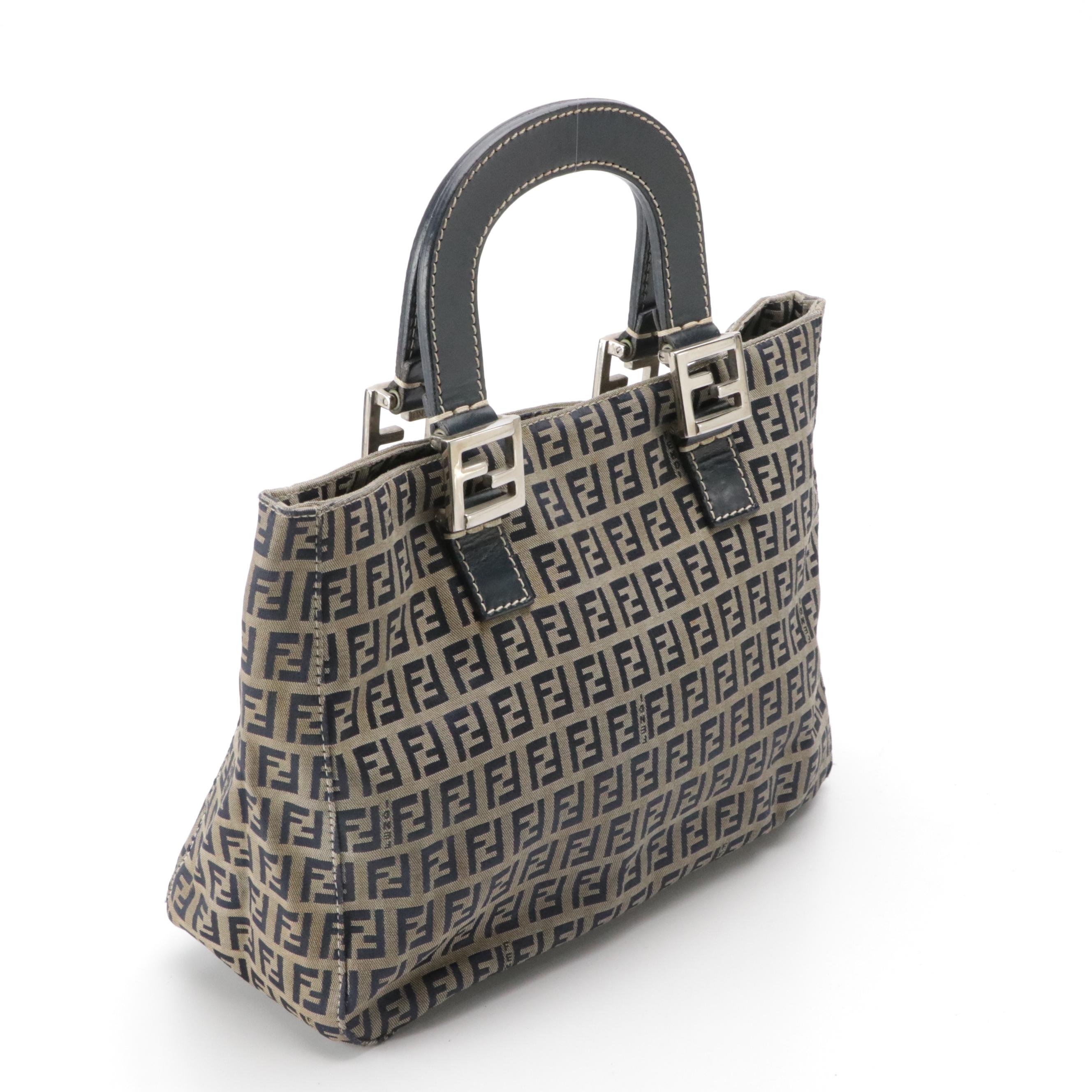 Fendi Zucchino Canvas Handbag with Navy Blue Leather Trim