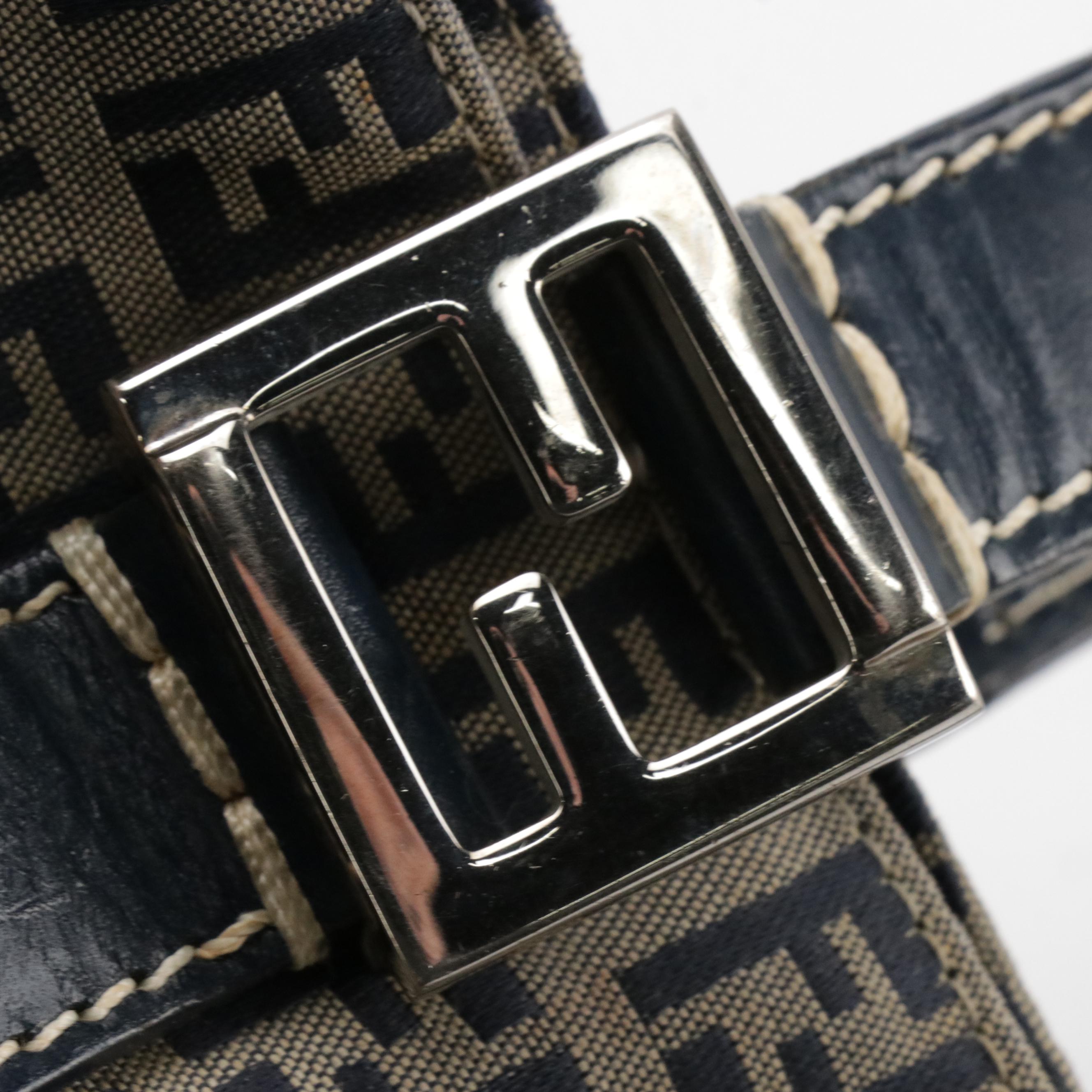 Fendi Zucchino Canvas Handbag with Navy Blue Leather Trim