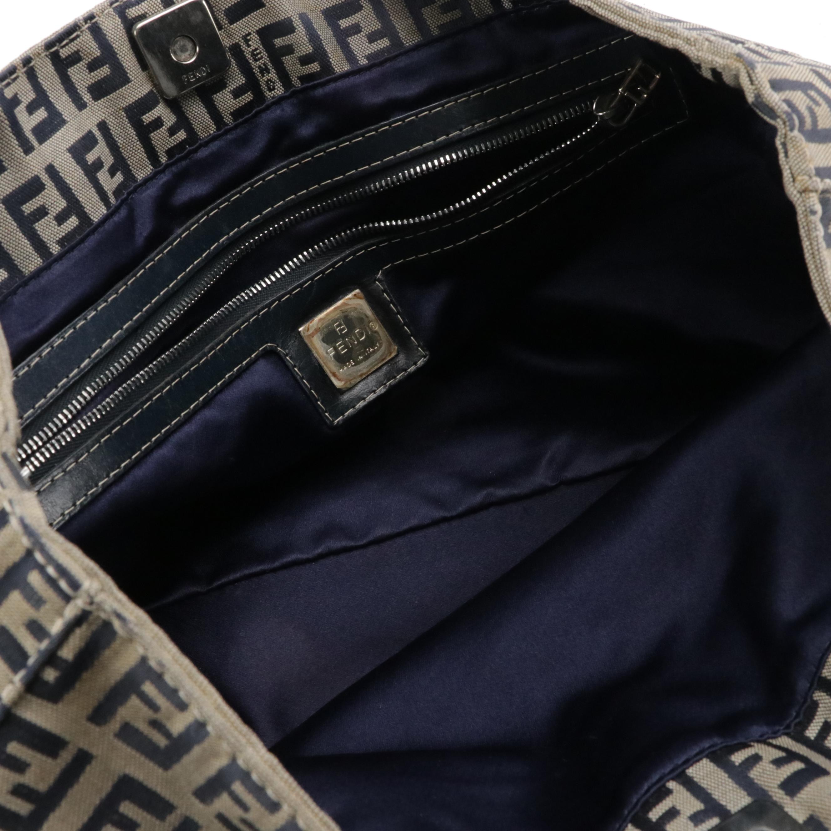 Fendi Zucchino Canvas Handbag with Navy Blue Leather Trim