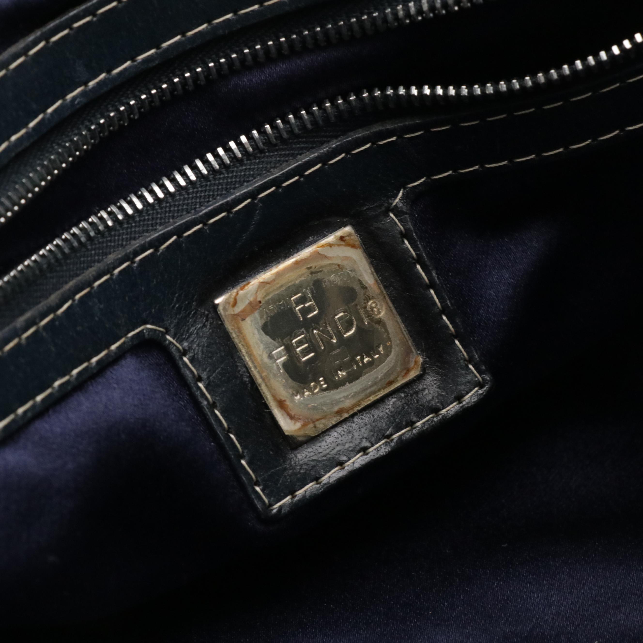 Fendi Zucchino Canvas Handbag with Navy Blue Leather Trim