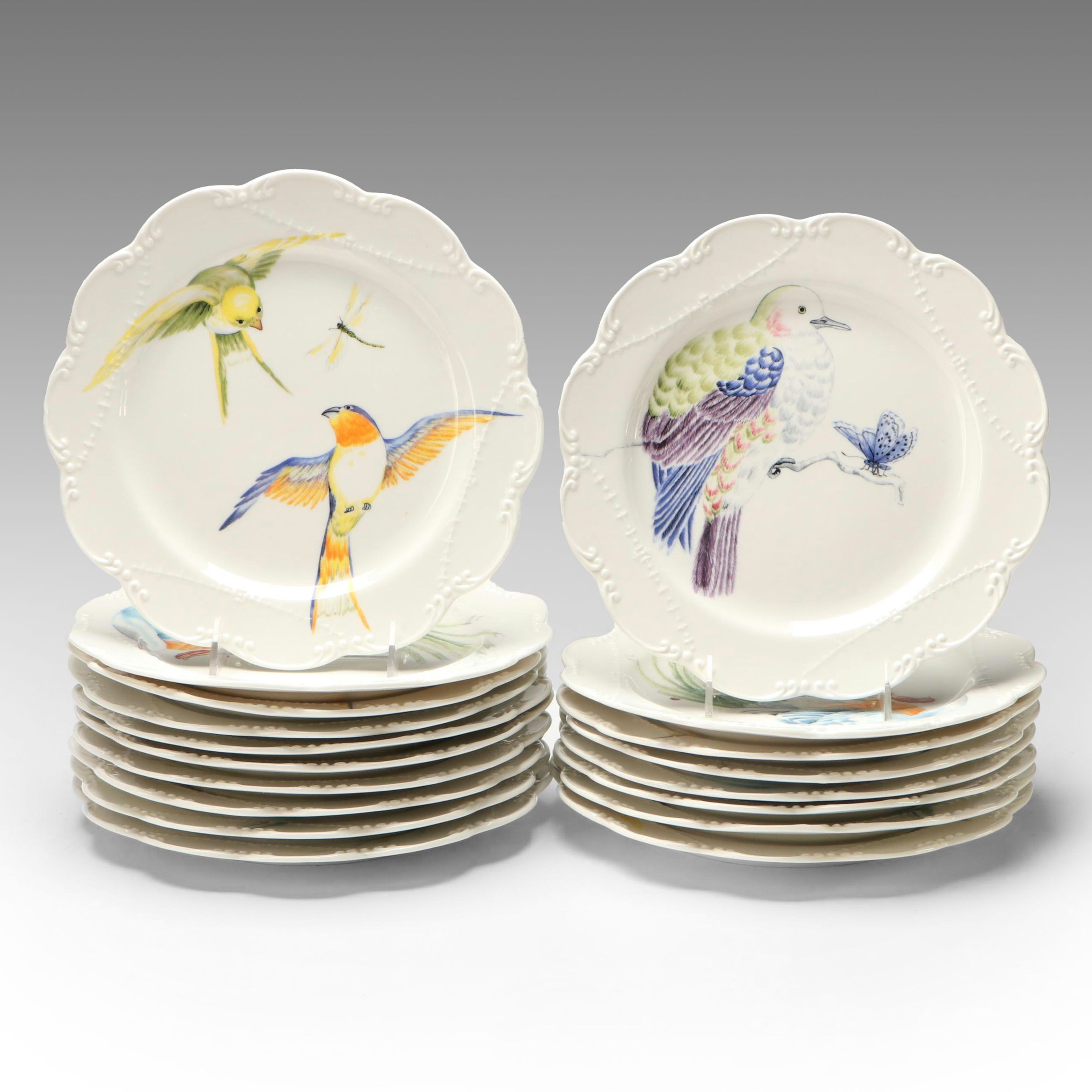 Contemporary Porcelain Scalloped Edge Bird Pattern Plates