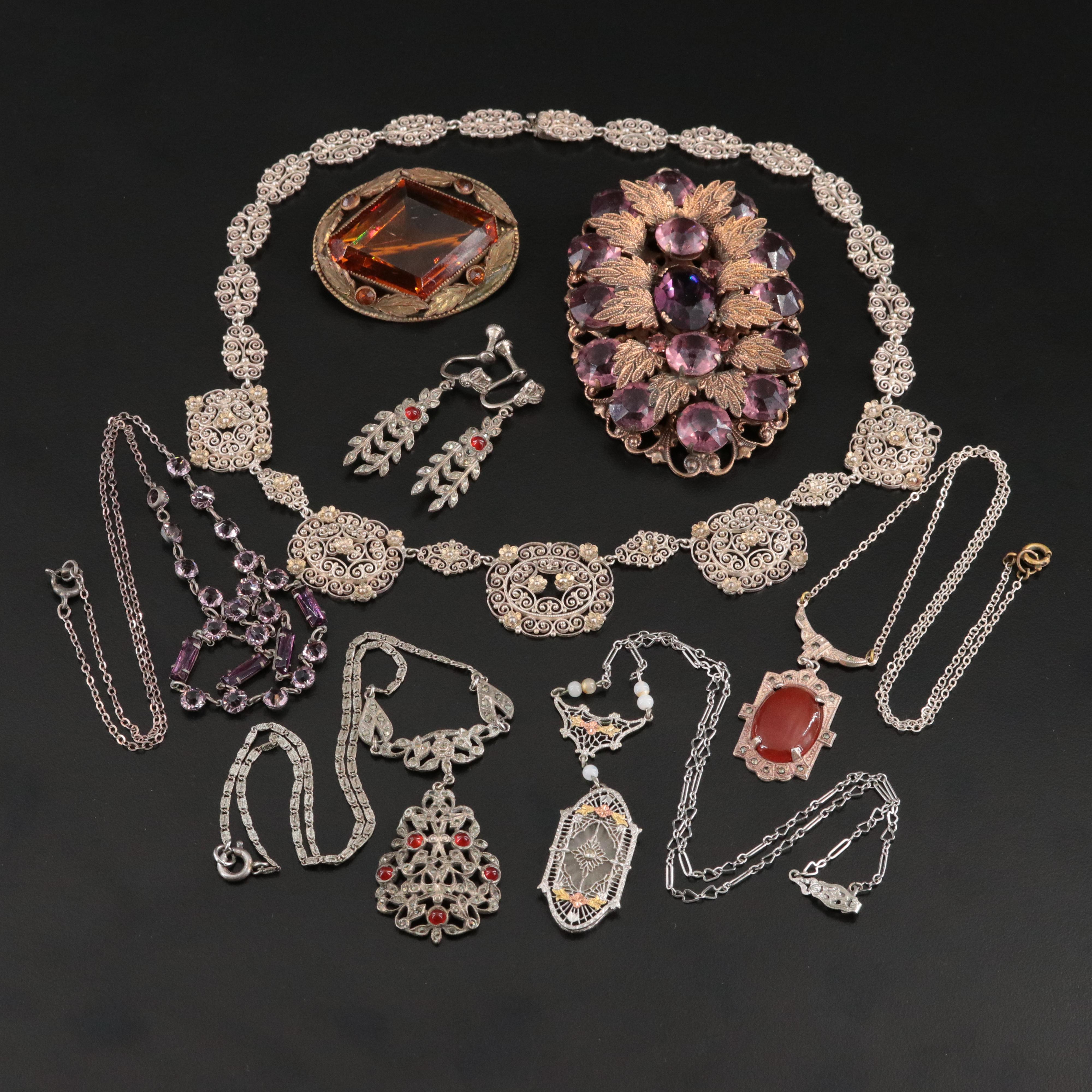 Jewelry Collection Including Art Deco, Art Nouveau & Sterling with Celluloid Box