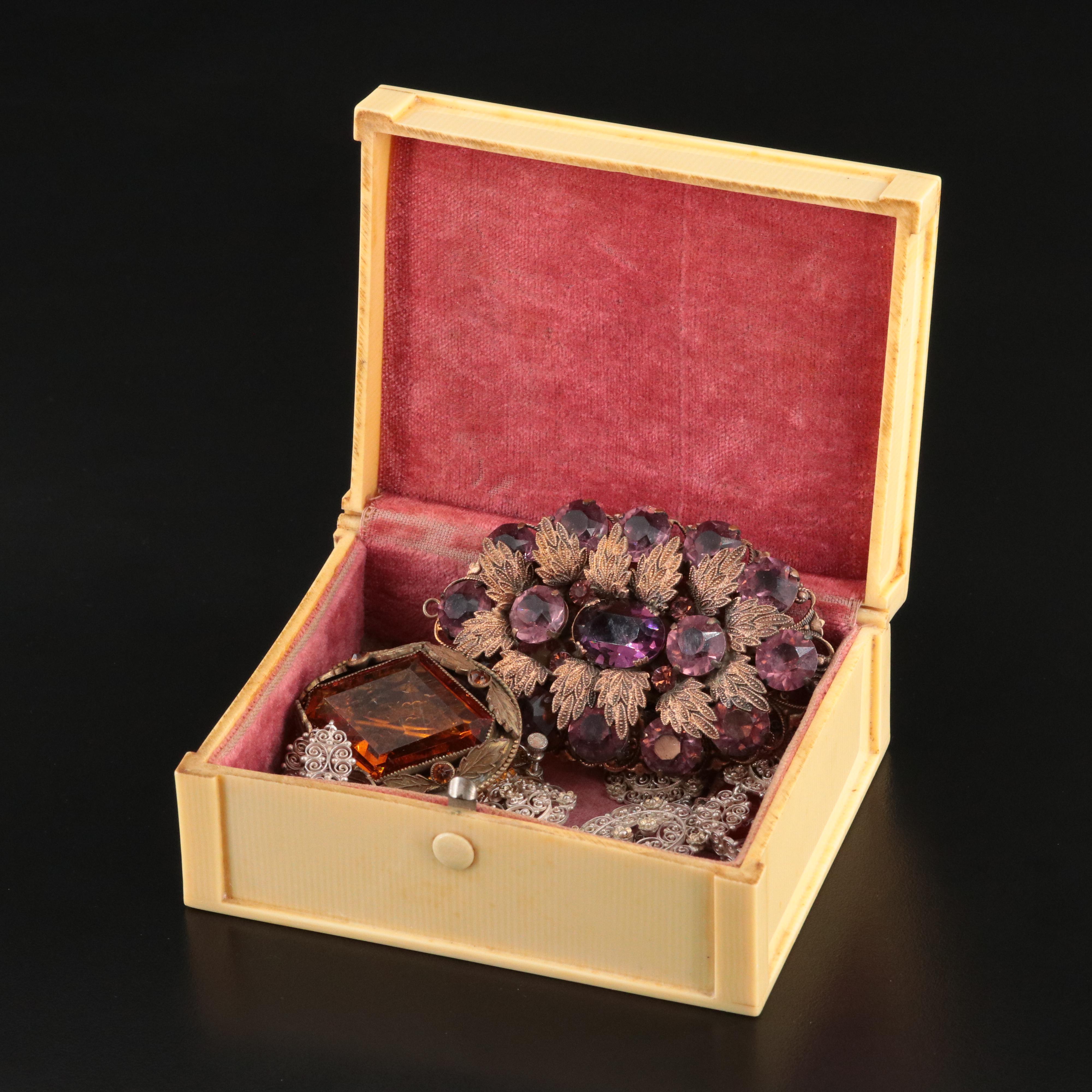 Jewelry Collection Including Art Deco, Art Nouveau & Sterling with Celluloid Box