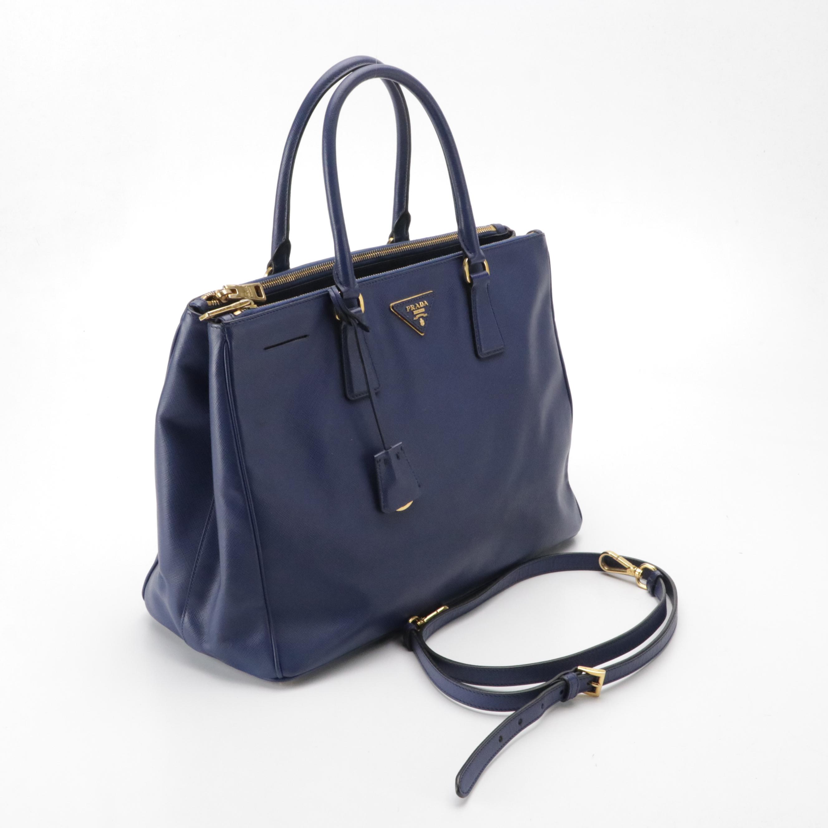 Prada Double Zip Galleria Two-Way Tote Bag in Blue Saffiano Lux Leather