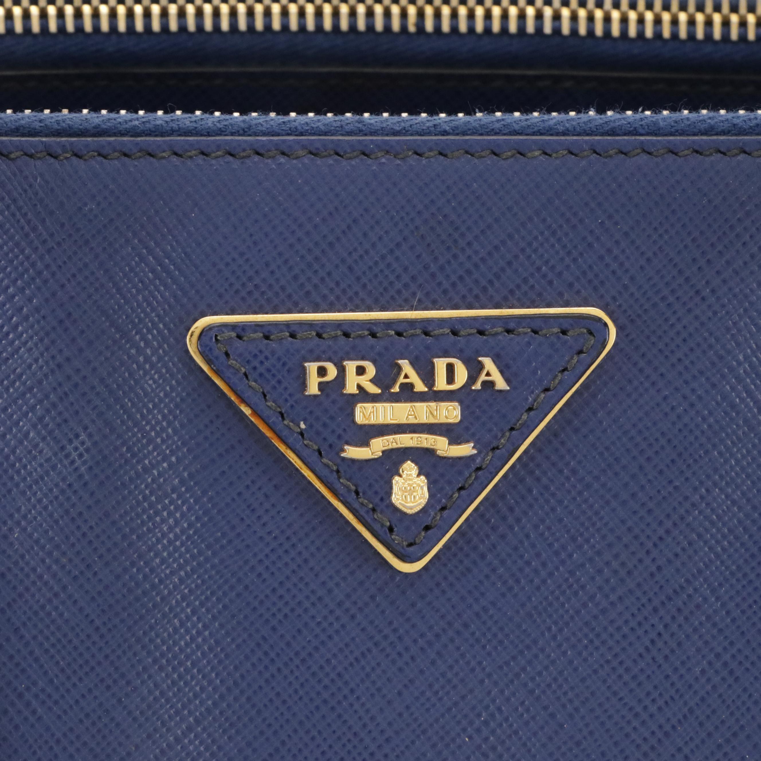 Prada Double Zip Galleria Two-Way Tote Bag in Blue Saffiano Lux Leather