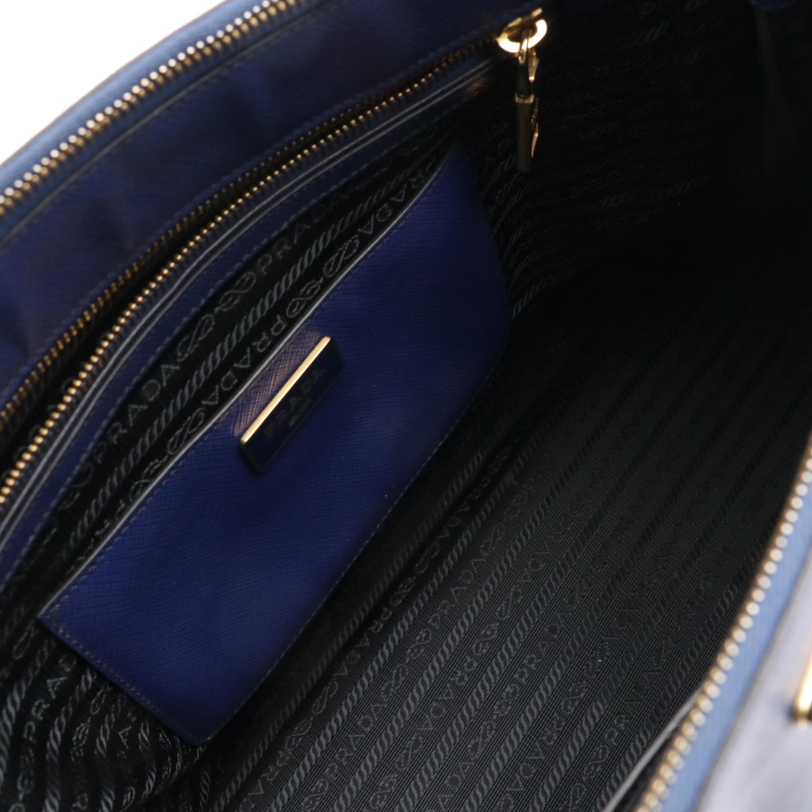 Prada Double Zip Galleria Two-Way Tote Bag in Blue Saffiano Lux Leather