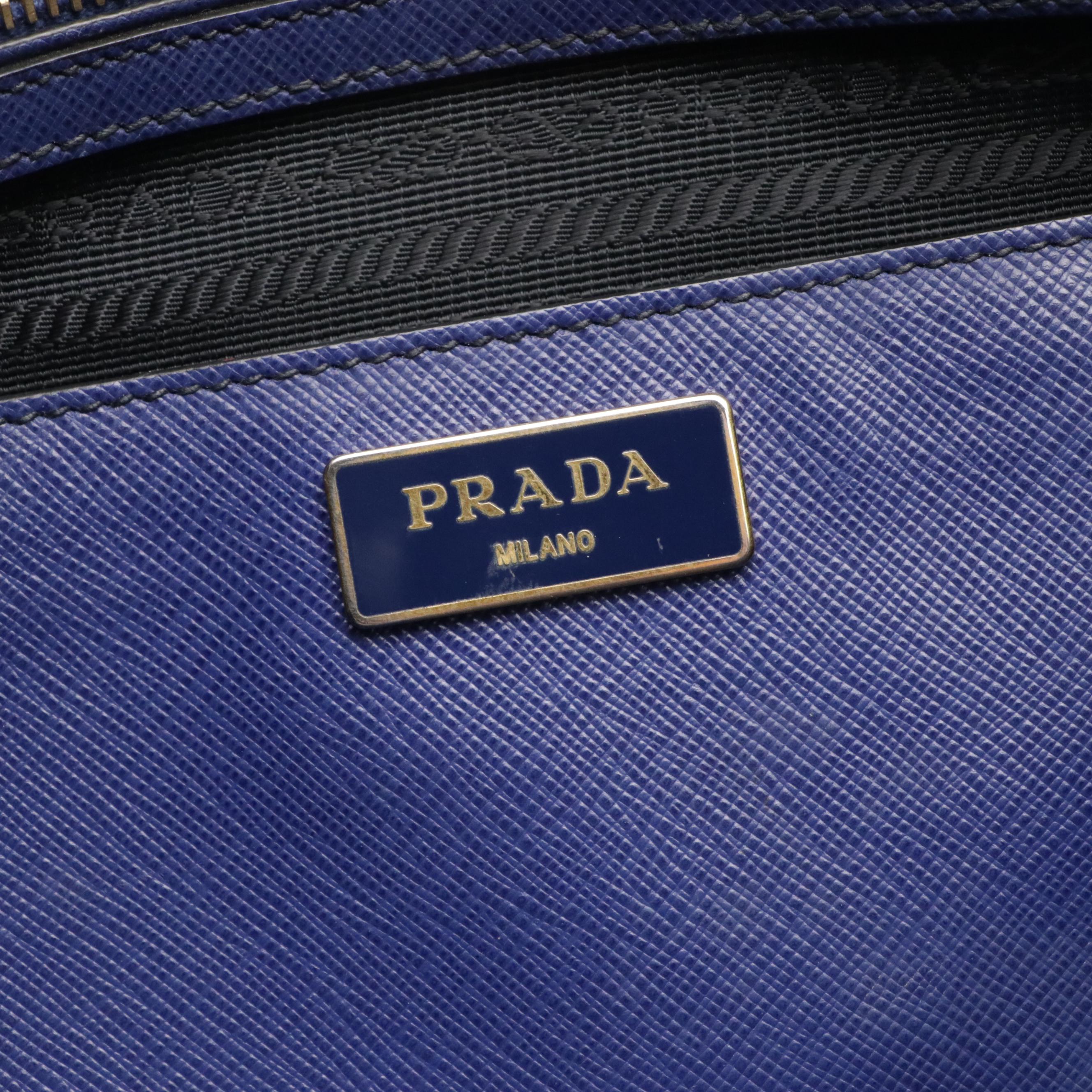 Prada Double Zip Galleria Two-Way Tote Bag in Blue Saffiano Lux Leather