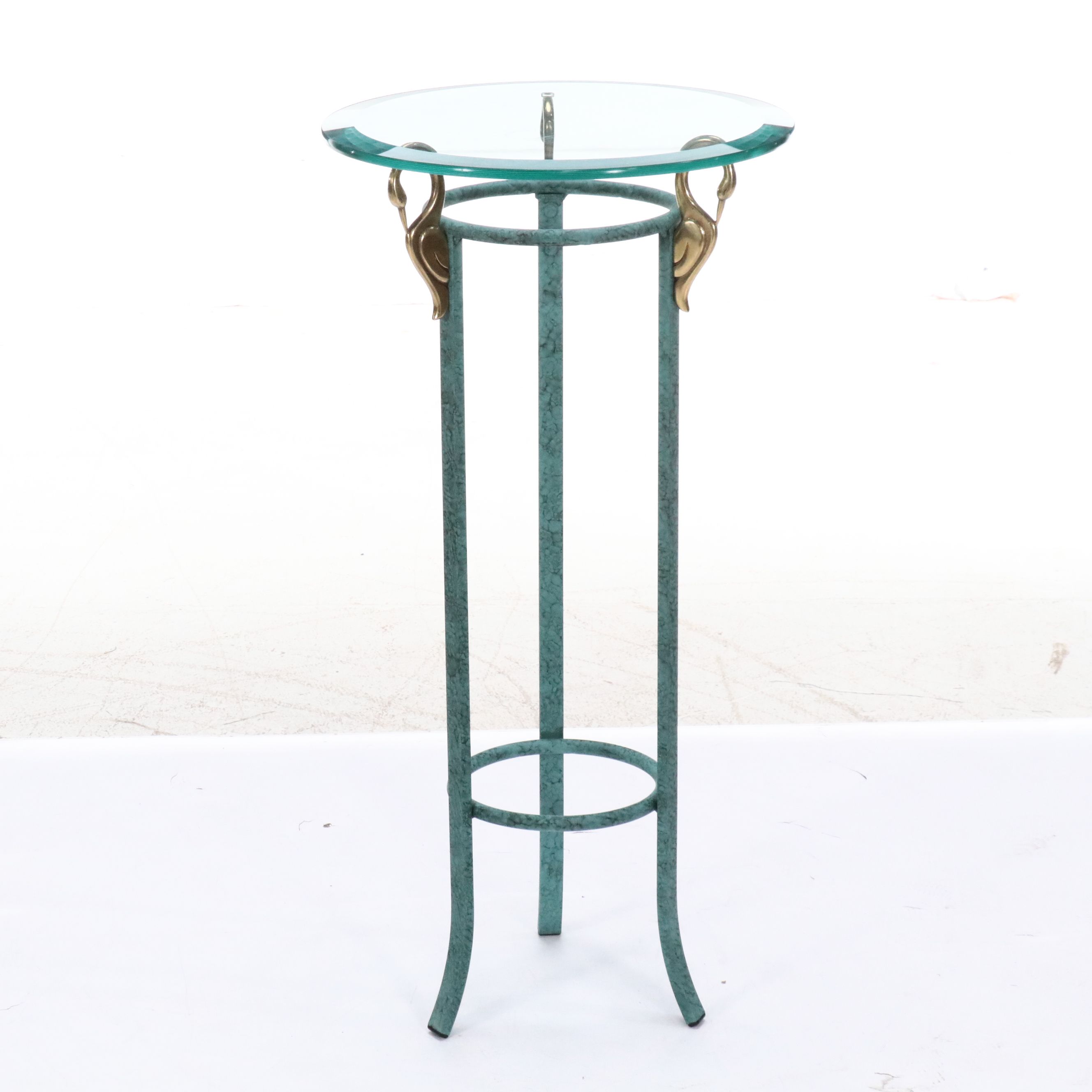 Empire Style Patinated Brass Swan Plant Stand with Glass Top
