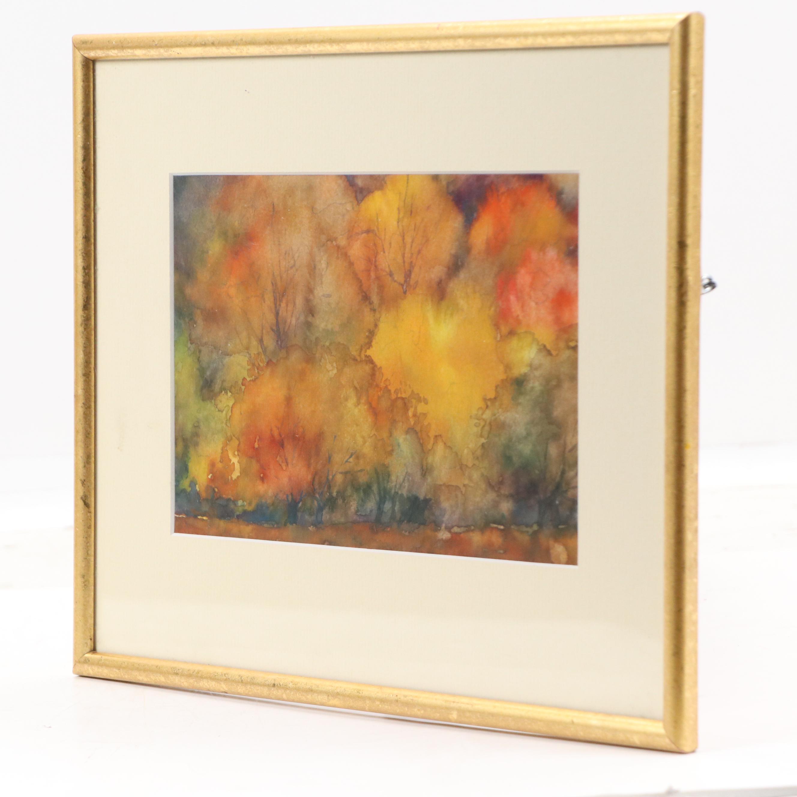 Stylized Watercolor Painting of Autumnal Trees