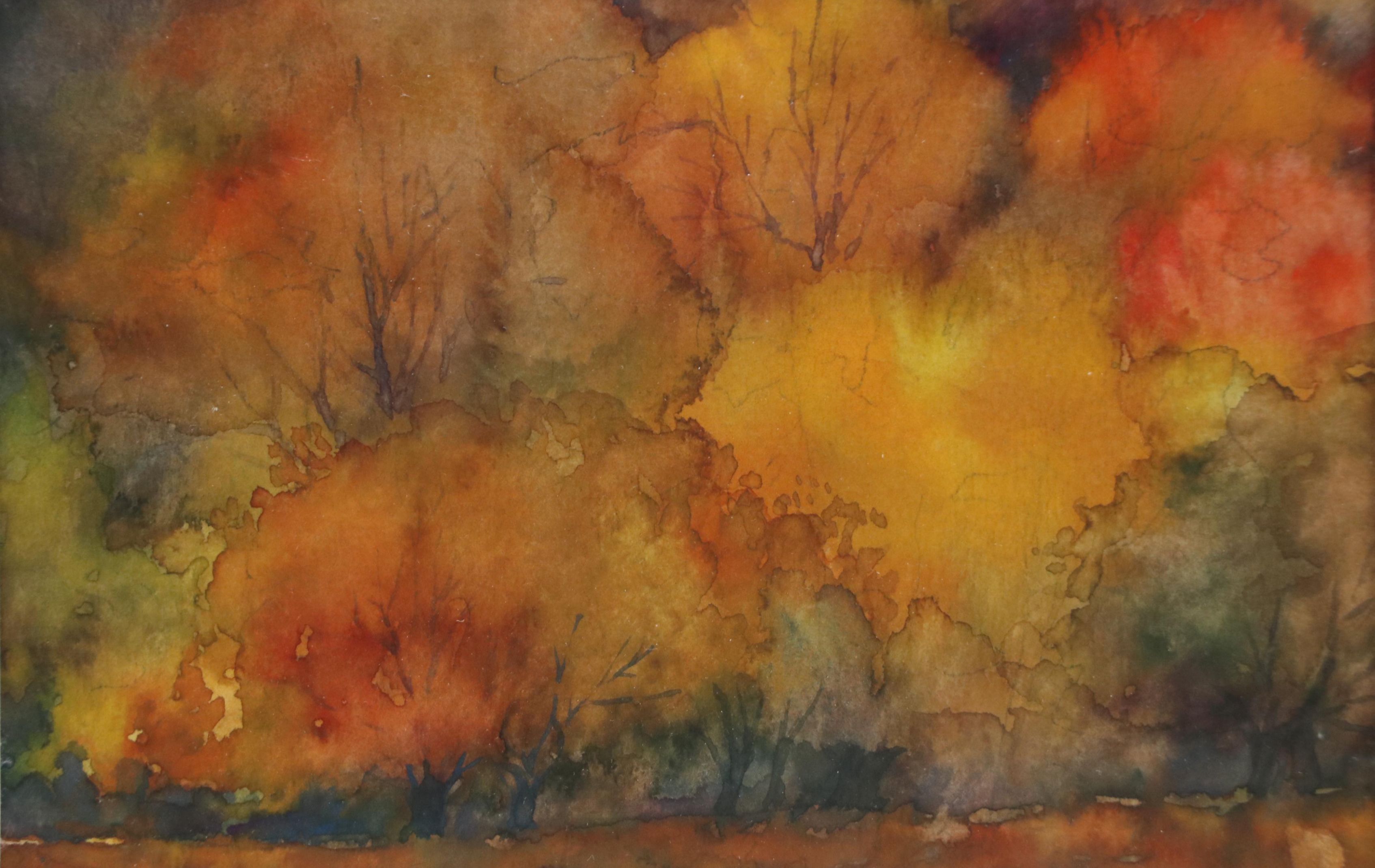 Stylized Watercolor Painting of Autumnal Trees