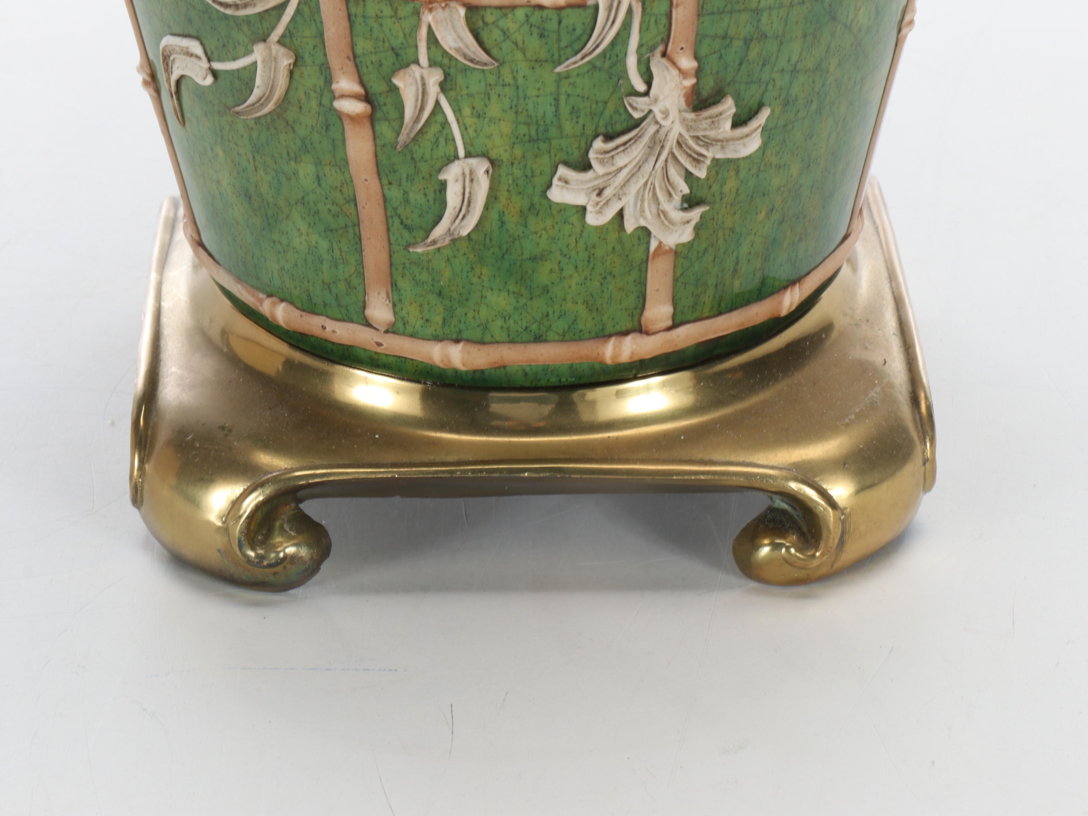 Chinese Bamboo Trellis and Flowering Vine Slip Decorated Table Lamp