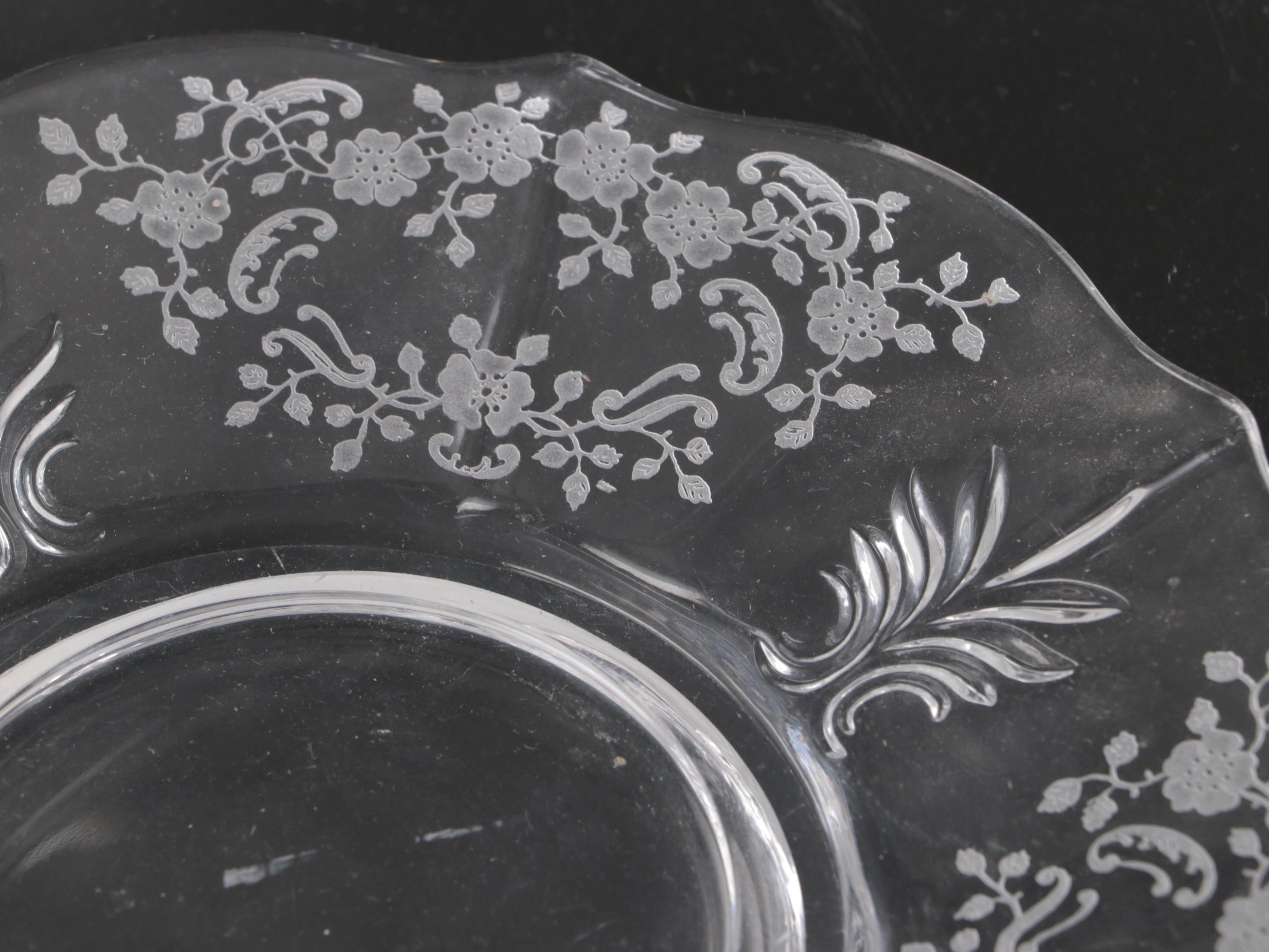 Fostoria "Bouquet" Floral Etched Bowl with Other Handled Basket and Glass Décor