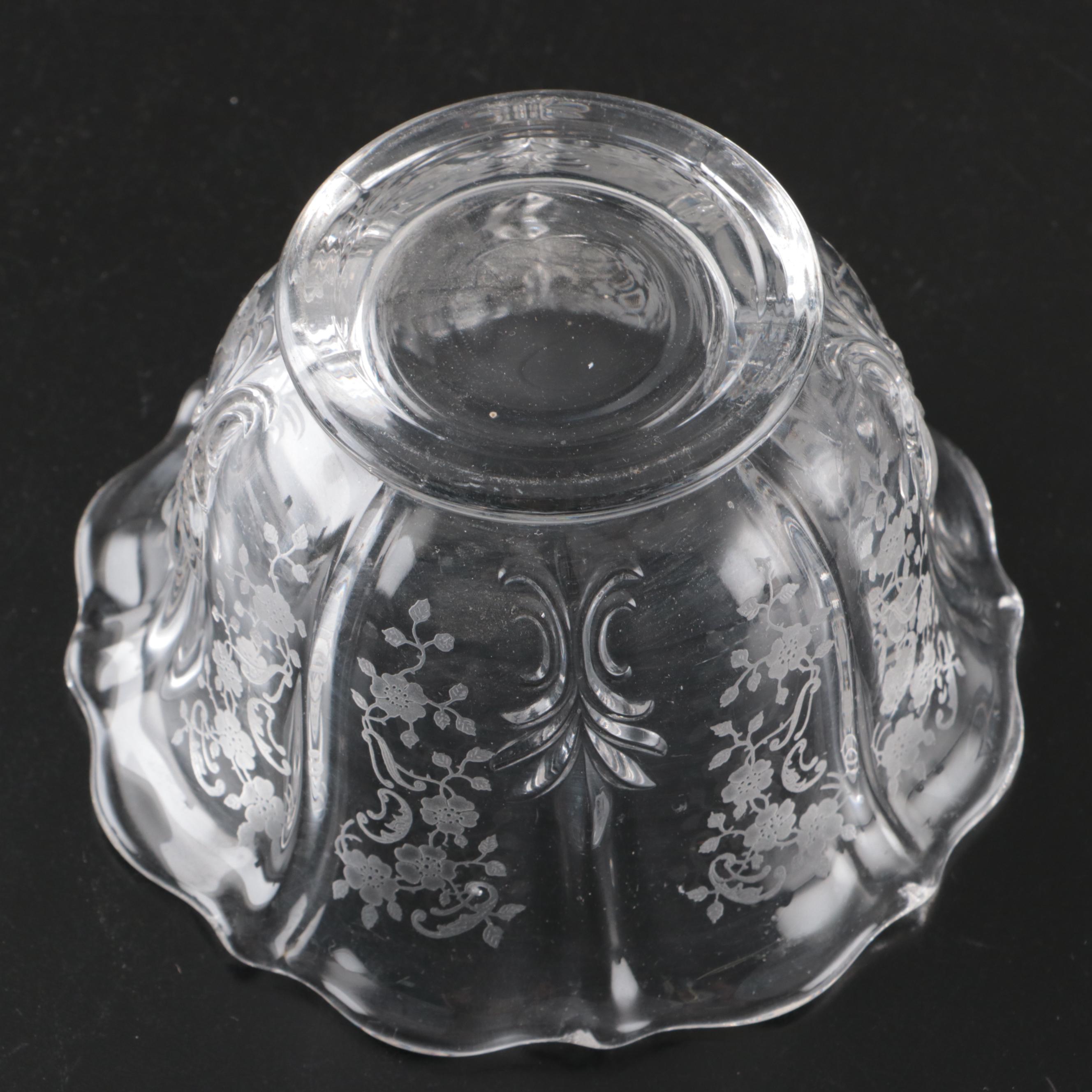 Fostoria "Bouquet" Floral Etched Bowl with Other Handled Basket and Glass Décor
