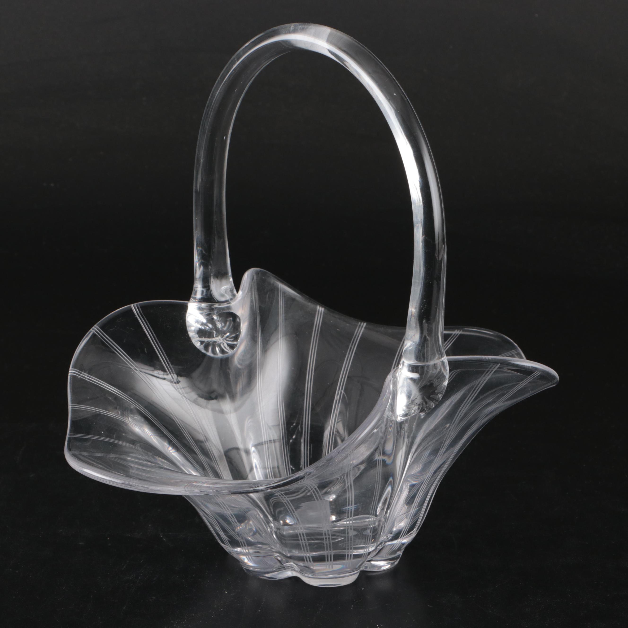 Fostoria "Bouquet" Floral Etched Bowl with Other Handled Basket and Glass Décor