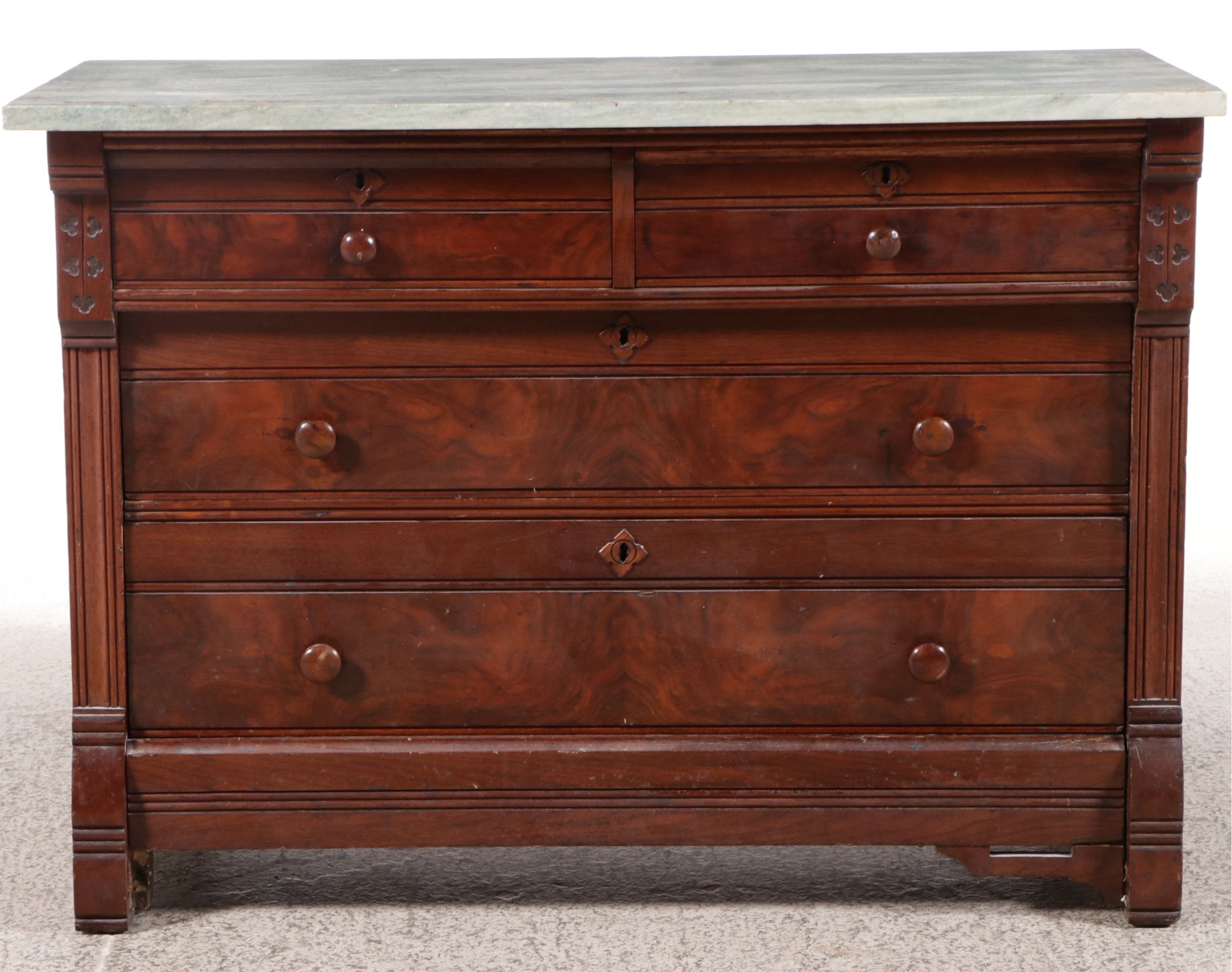 Victorian Eastlake Burl Wood and Walnut Chest of Drawers with Marble Top