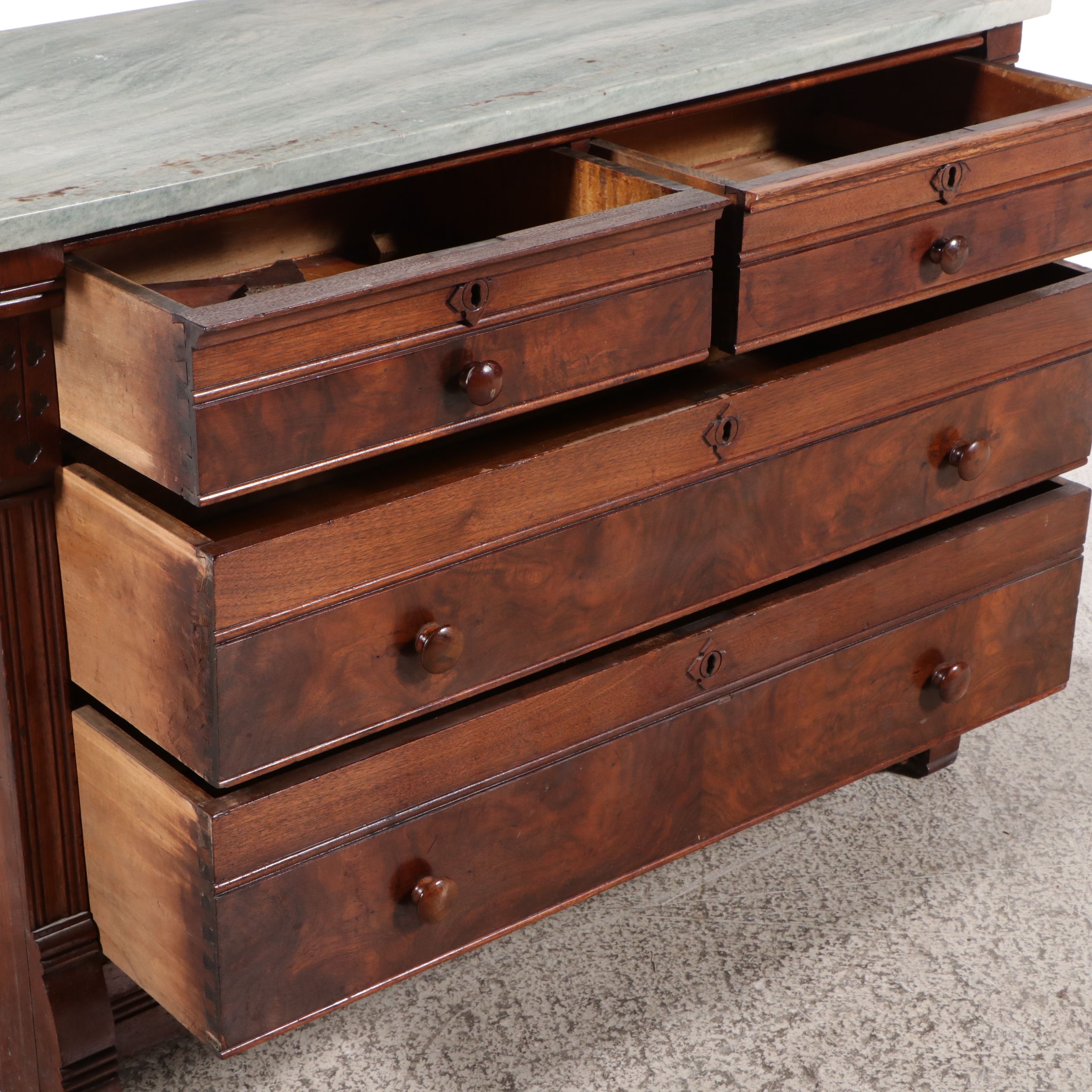 Victorian Eastlake Burl Wood and Walnut Chest of Drawers with Marble Top
