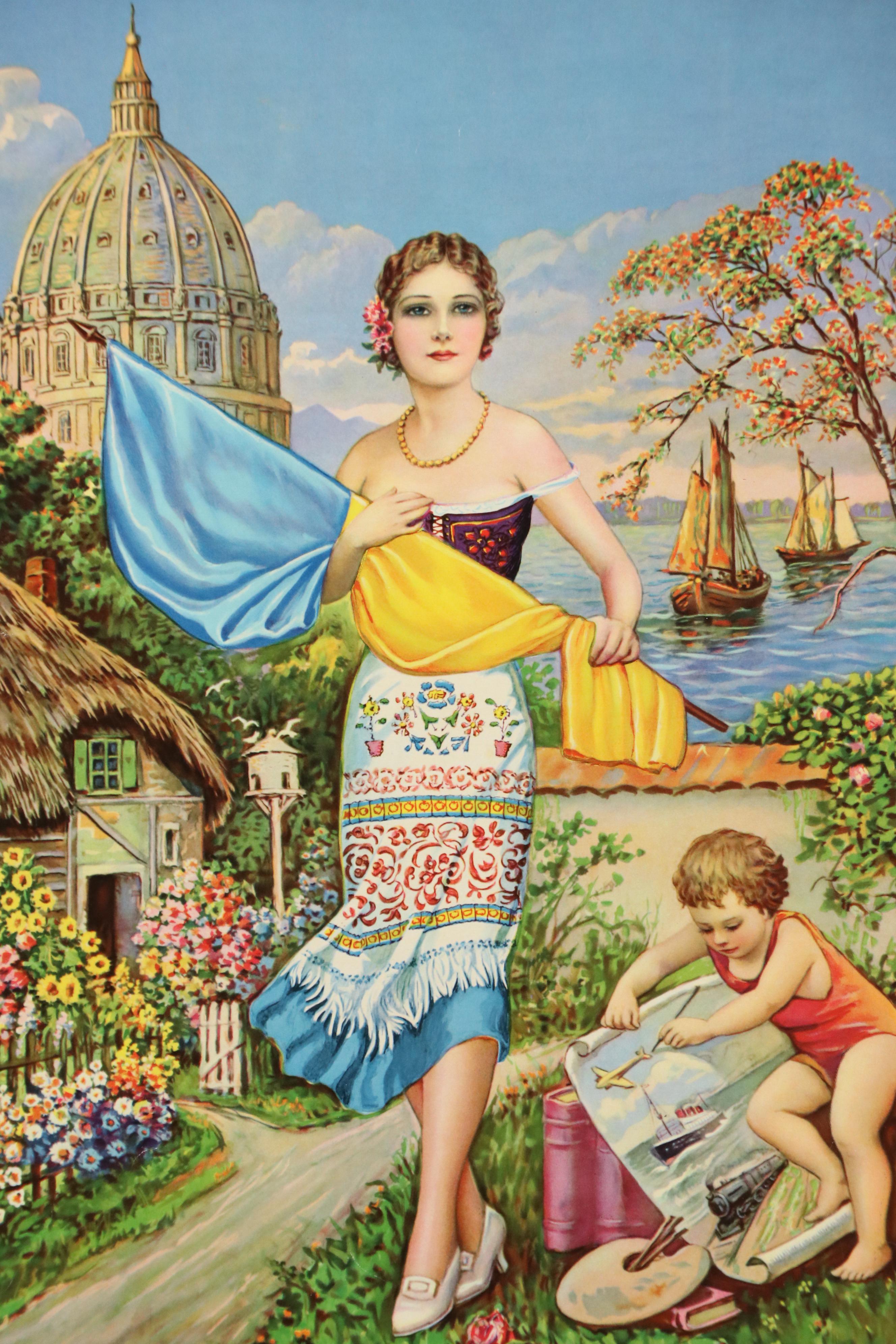 Offset Lithograph Poster of Woman Holding Ukrainian Flag