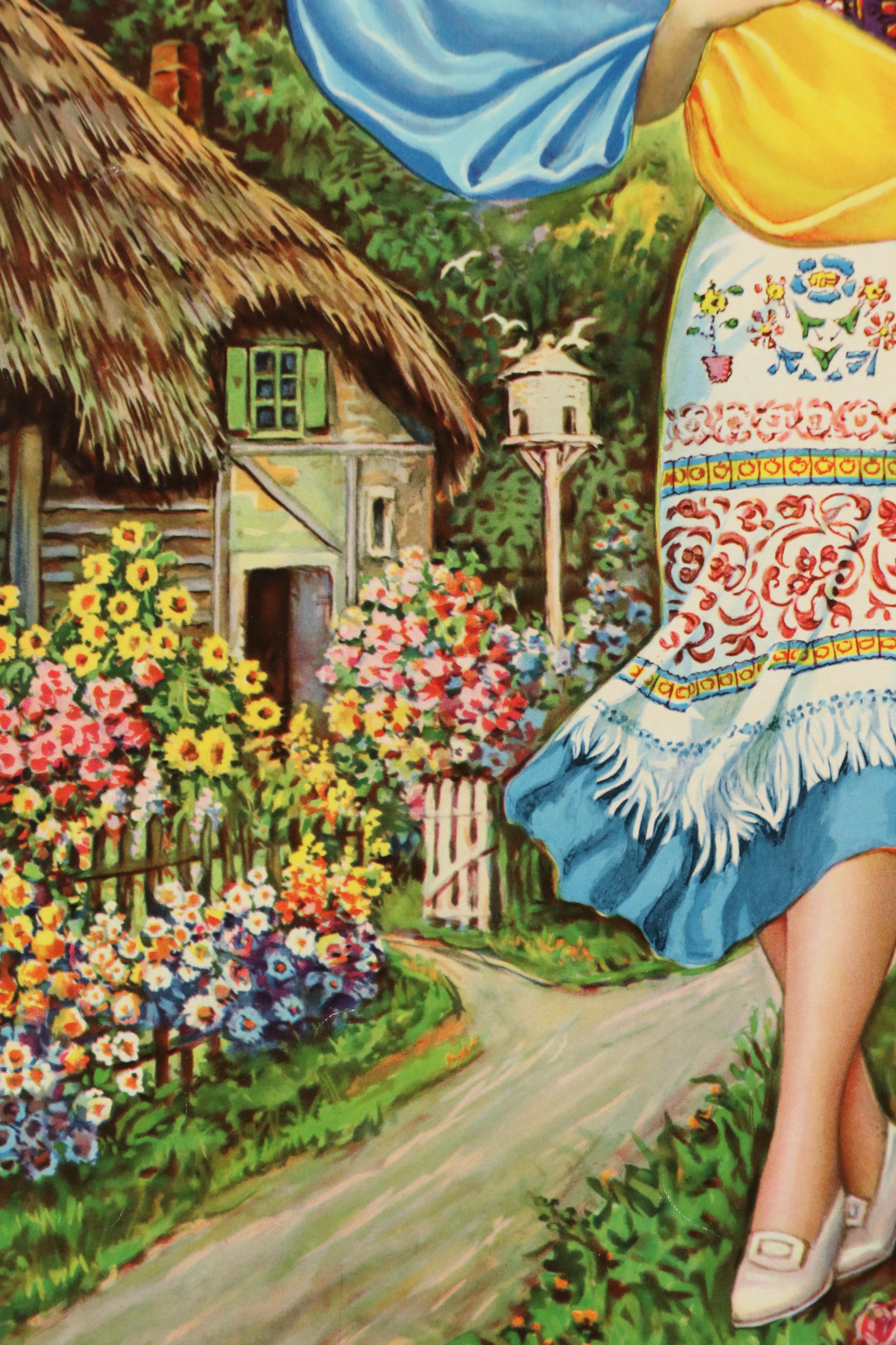 Offset Lithograph Poster of Woman Holding Ukrainian Flag