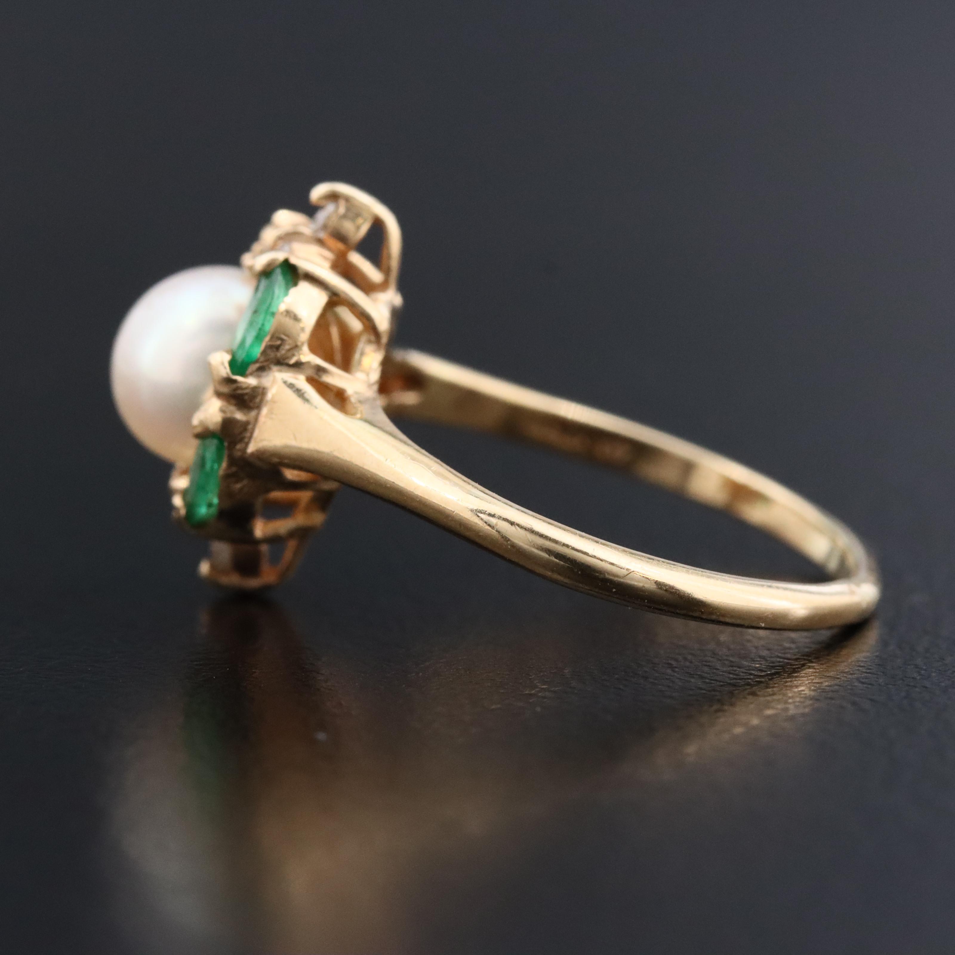 14K Pearl, Emerald and Diamond Ring