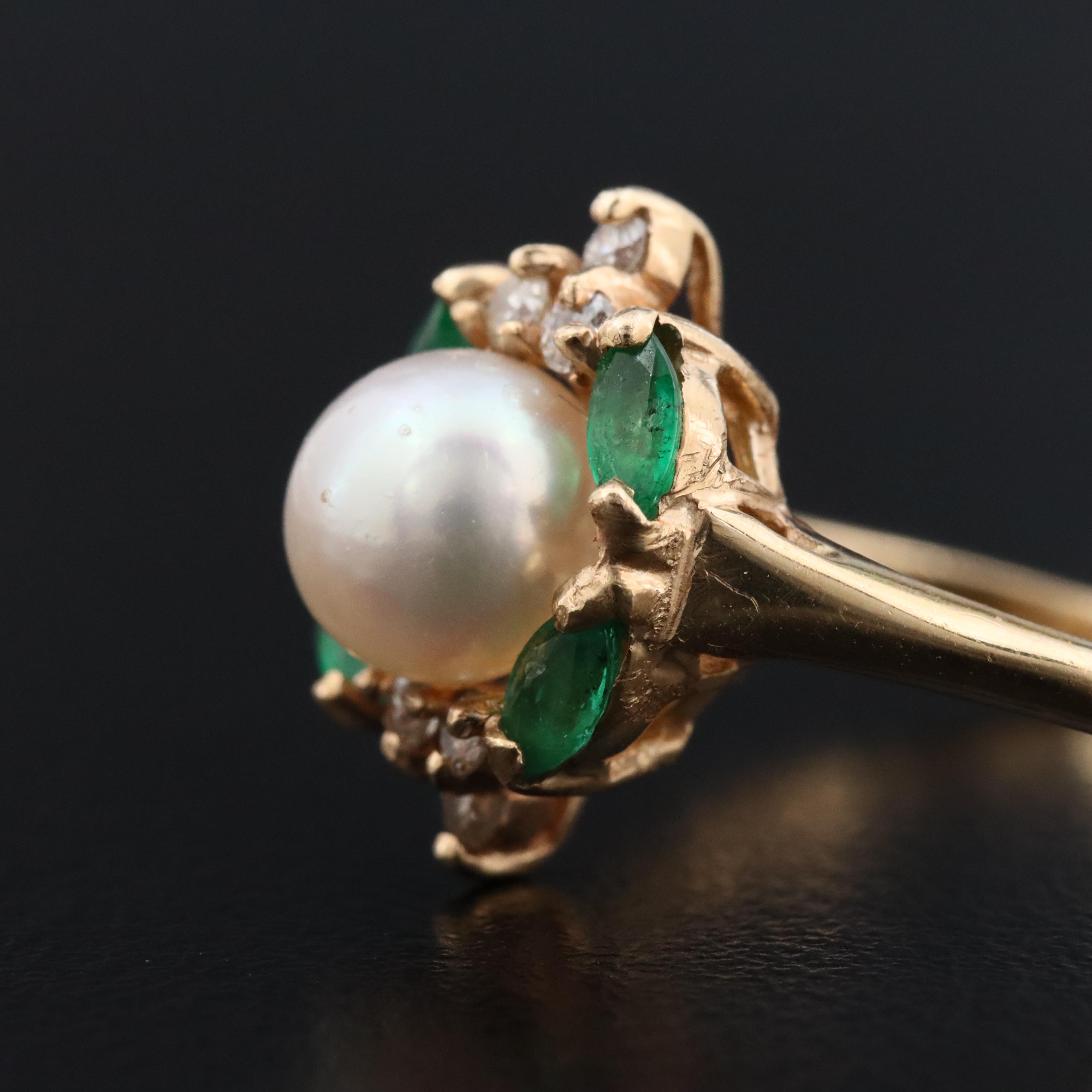 14K Pearl, Emerald and Diamond Ring
