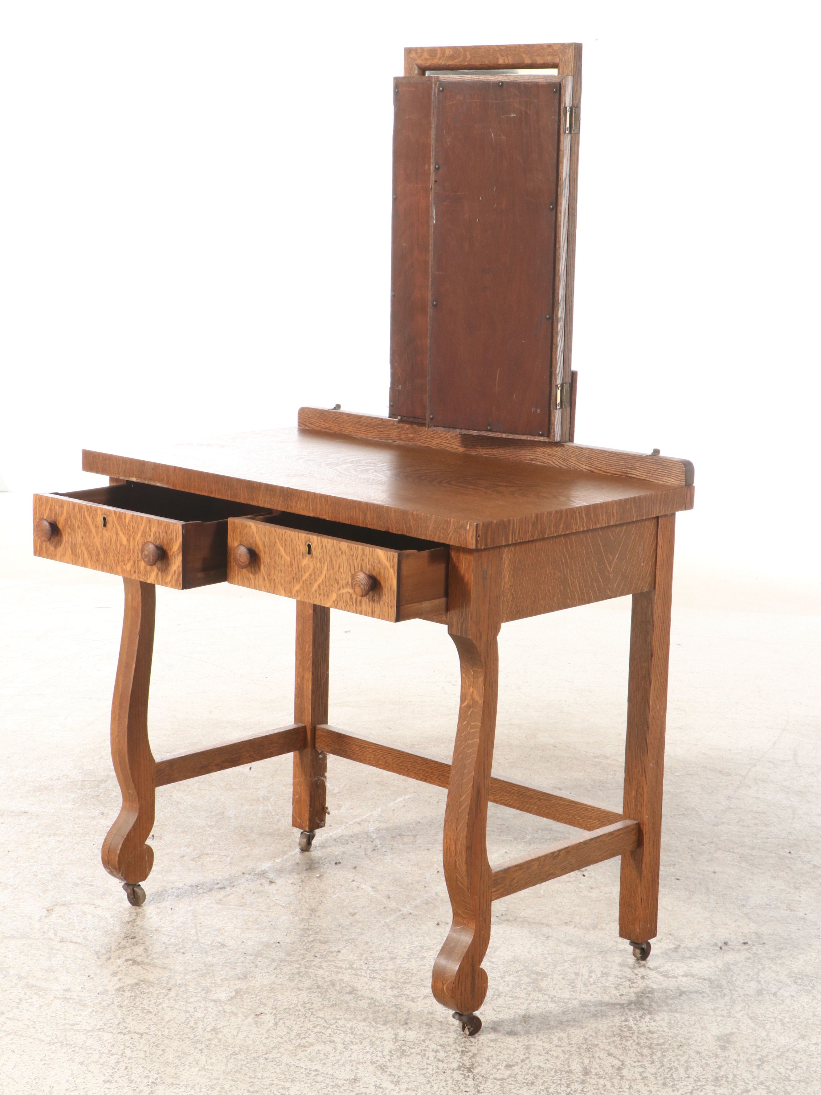 Empire Revival Oak Dressing Table with Tri-Fold Mirror, Early 20th Century