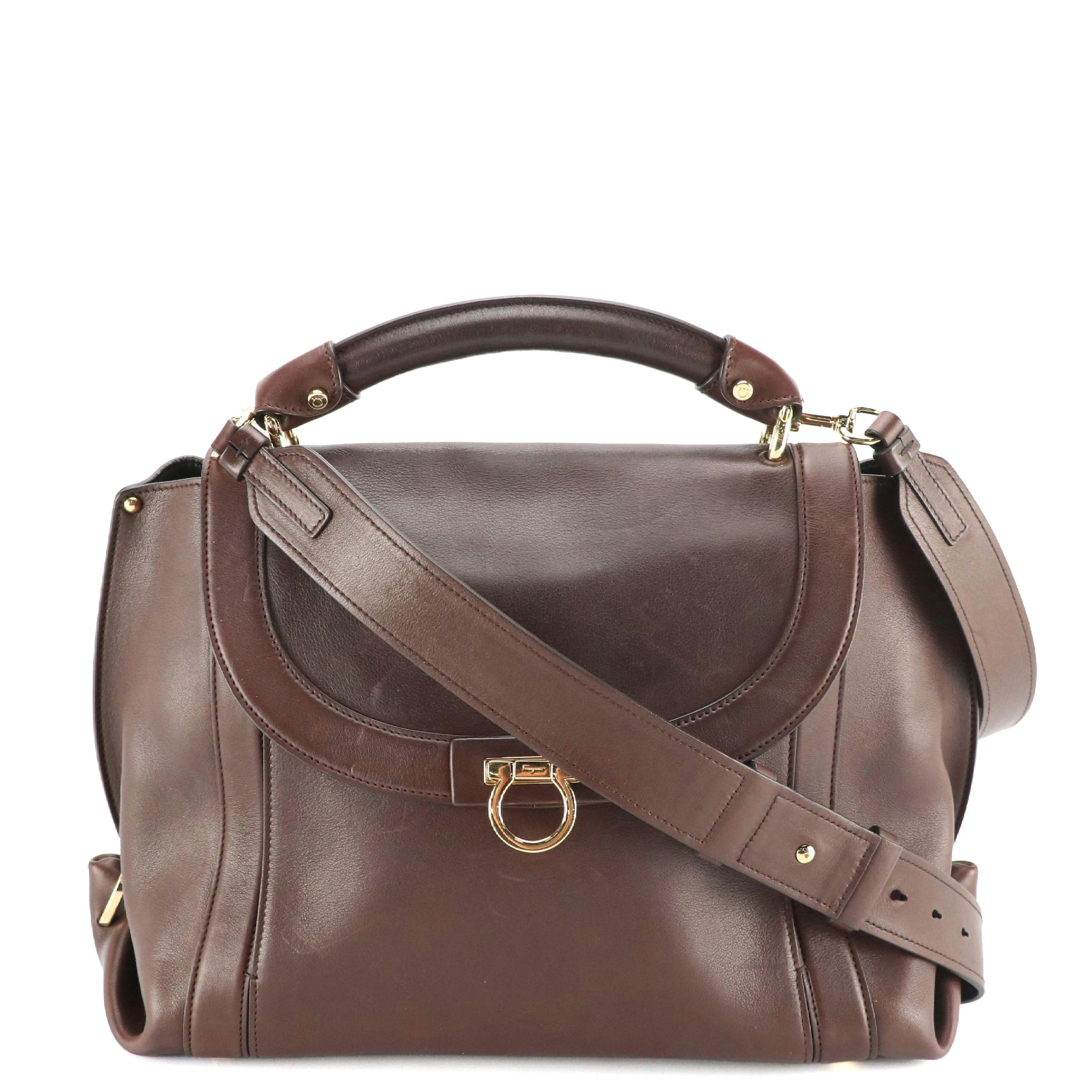 Salvatore Ferragamo Dark Brown Calfskin Leather Suzanna Two-Way Satchel