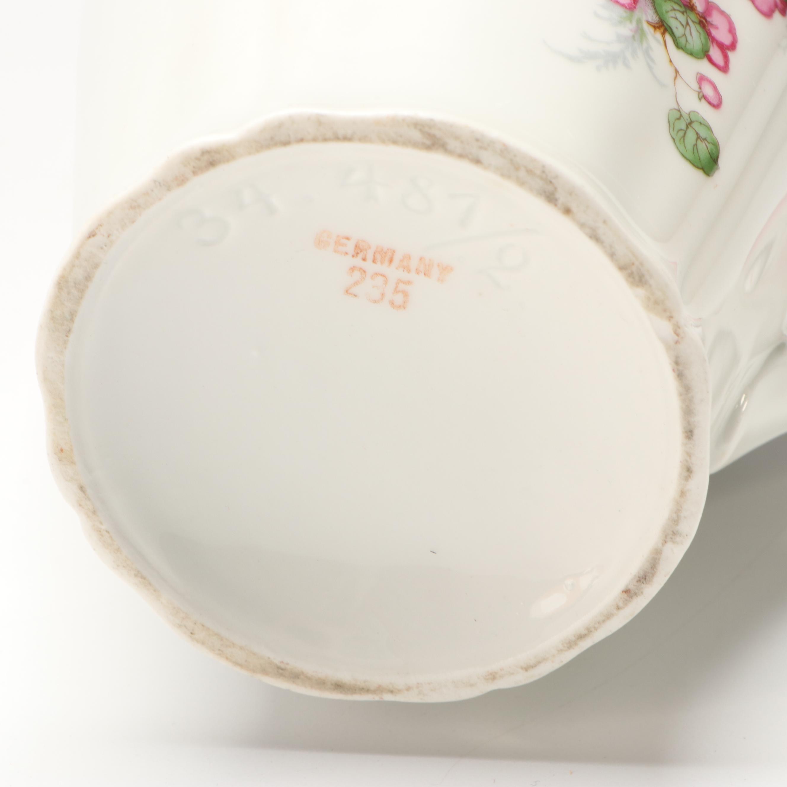 Weller and Other Pitchers, German Porcelain Teapot, and Veramic Vase